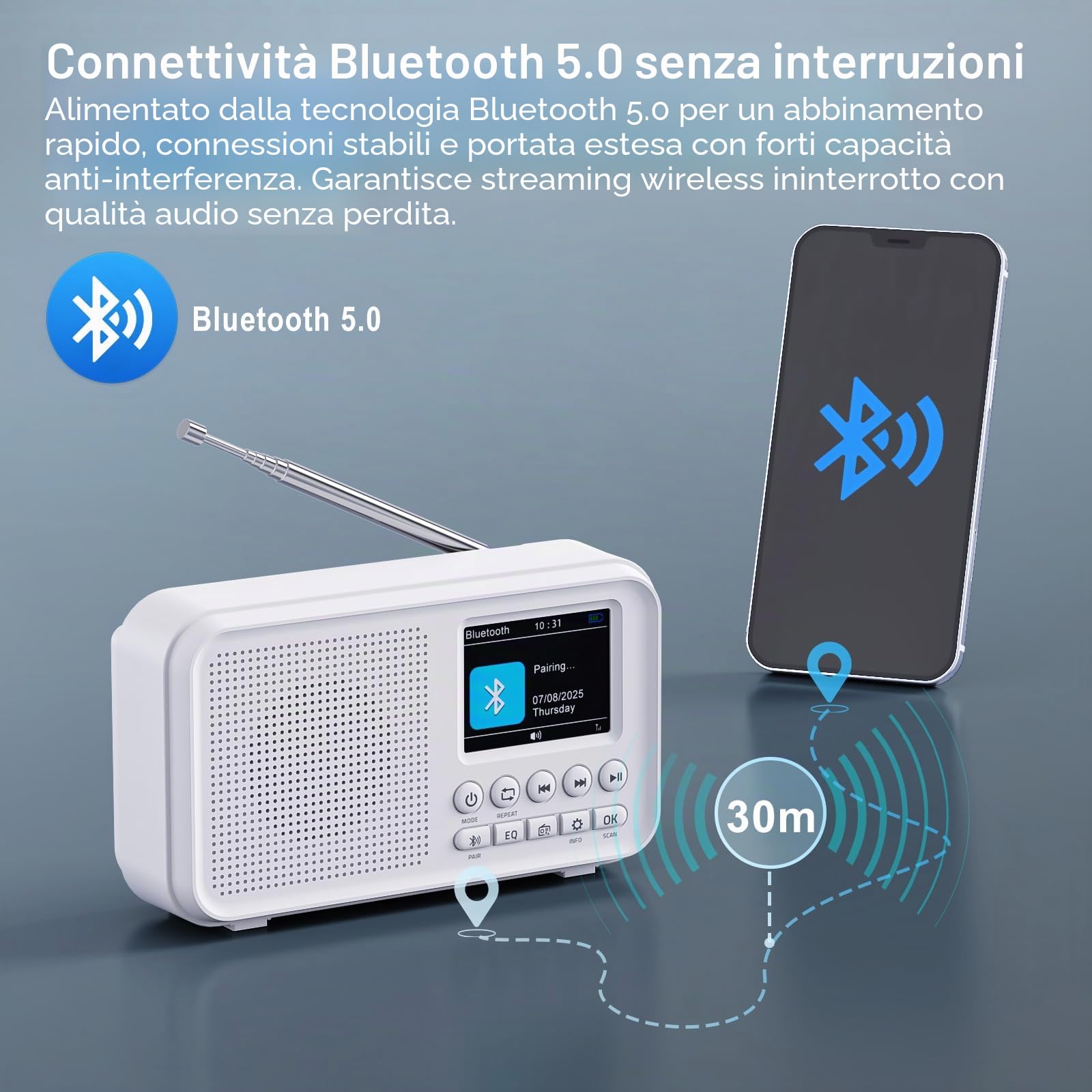ROCAM Radio Portatile DAB/DAB+/FM con Bluetooth 5.0 &Altoparlante Hi-Fi, 3000mAh Batteria Ricaricabile, 2,4"Display, Doppia Sveglia,40 DAB/FM Stazioni Preimpostate,12 Lingue, TF Slot per Scheda,Bianco