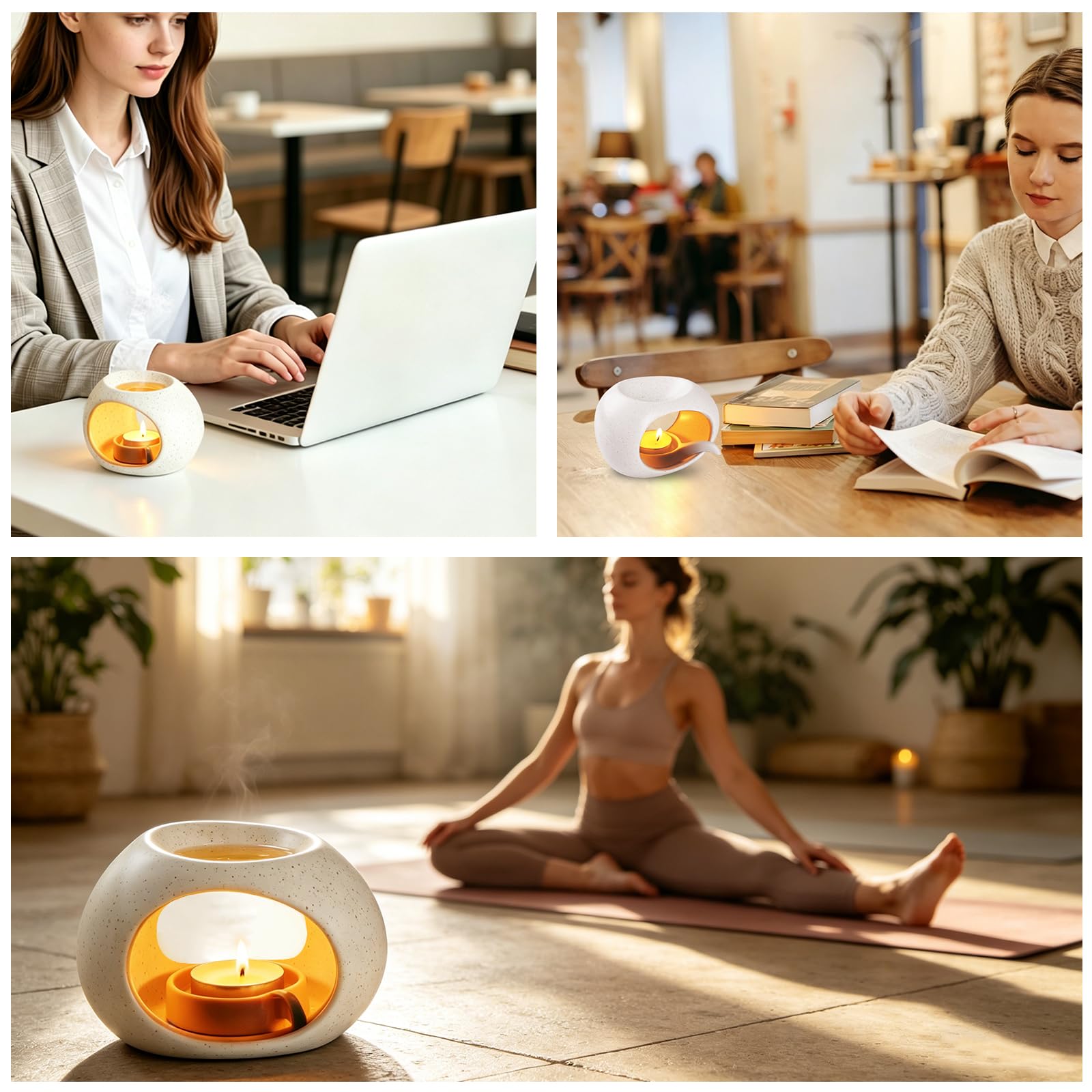 Quemador de aceites Esenciales de cerámica, Calentador de aceites para aromaterapia con Vela pequeña, difusor de Aromas para Incienso, Ideal para SPA en casa, Yoga, meditación Blanco