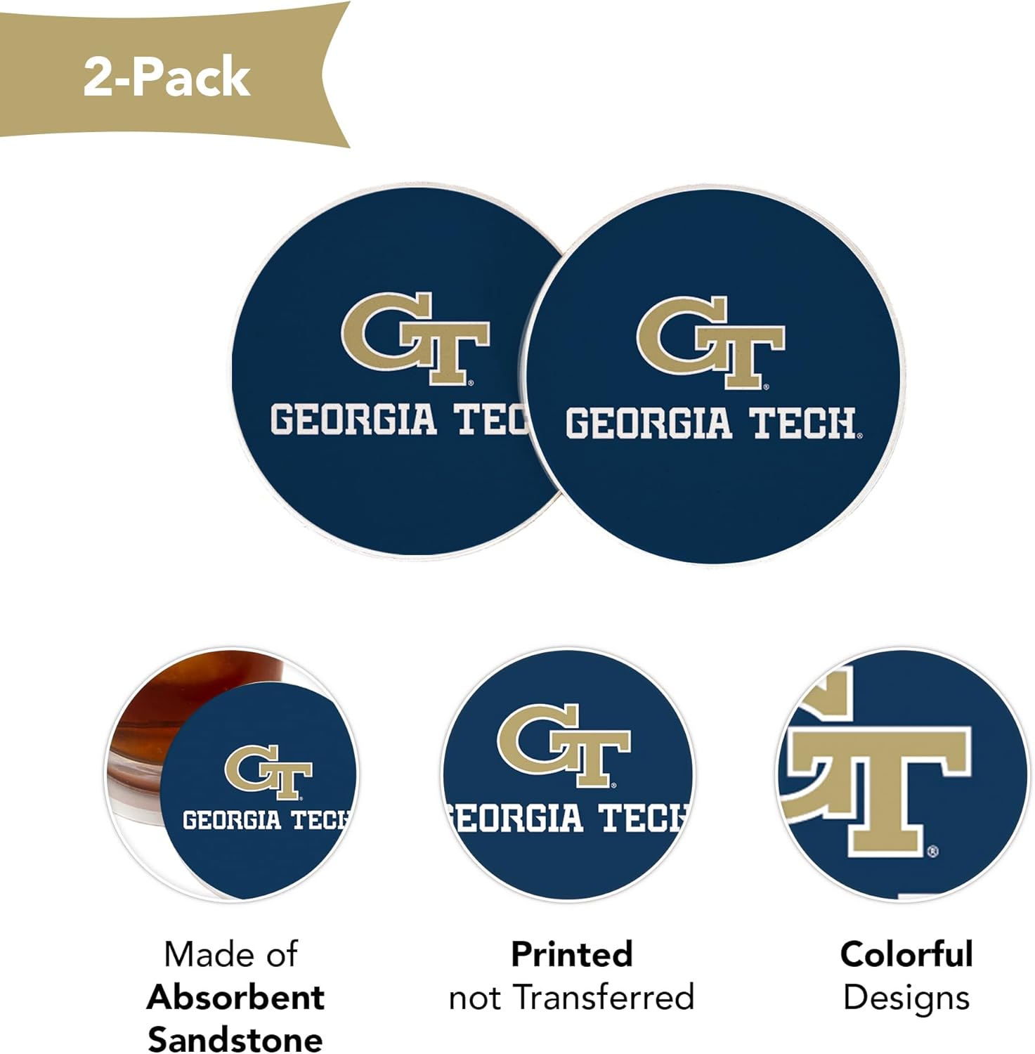 Desert Cactus Georgia Tech University Car Coaster Yellow Jackets GT Institute of Technology Absorbent Sandstone Car Cup Coasters Set of 2 (Design A) - Image 3