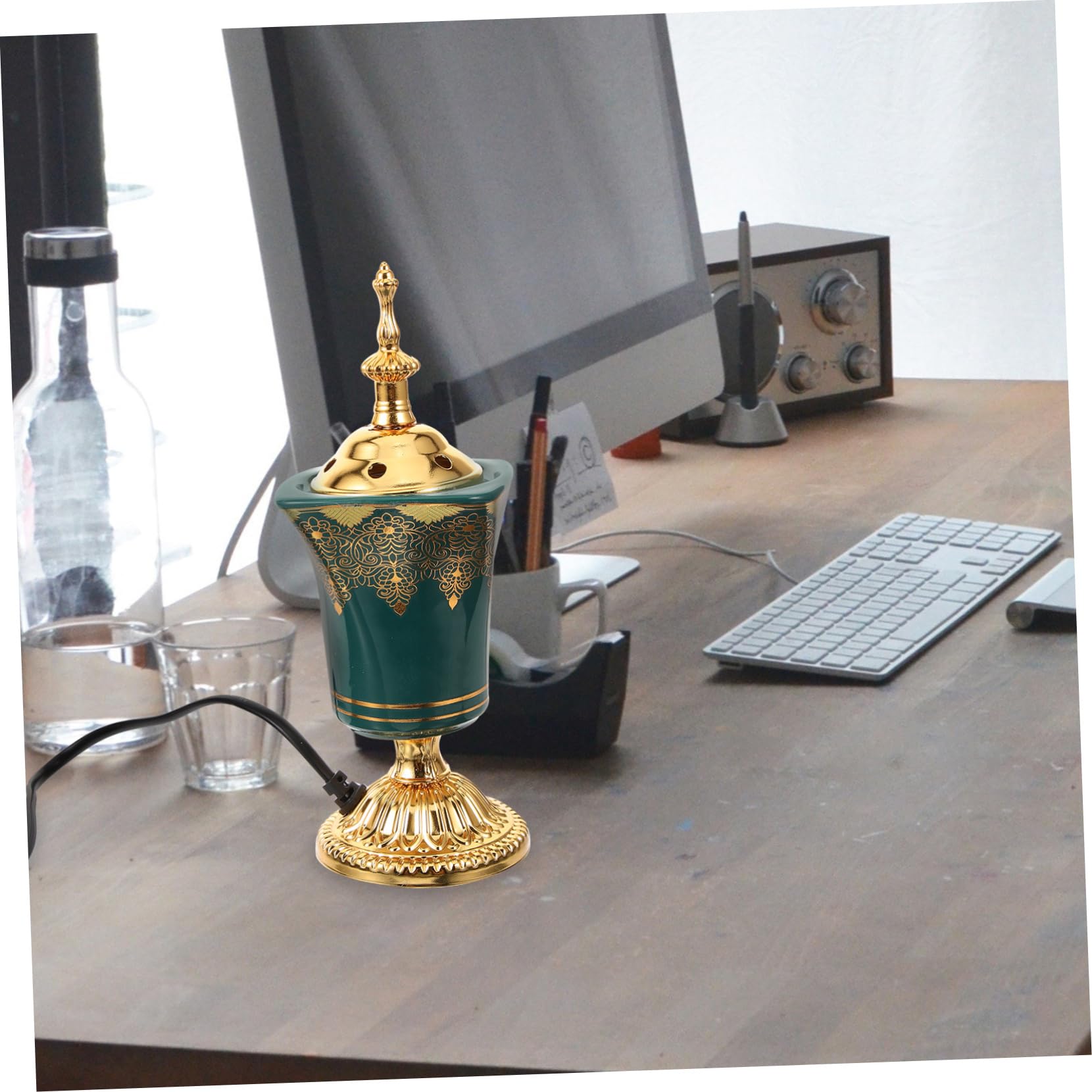 STOBAZA Elektrischer Weihrauch Räuchergefäß aus Keramik mit Eu 220v Stecker Grüner Antiker Arabischer Stil für Aromatherapie und Stilvolle Home Decoration