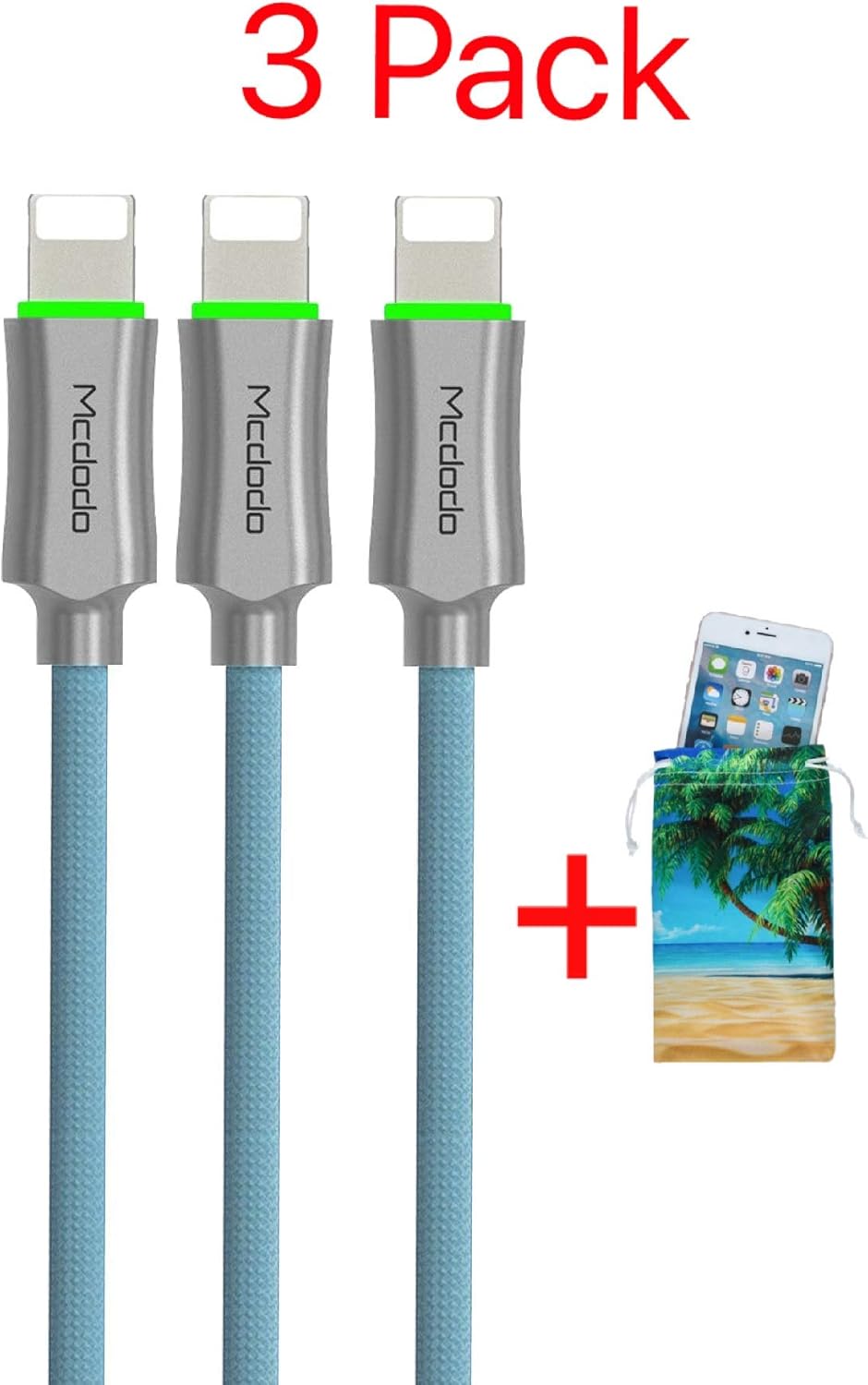 mcdodo (3 Pack + iPhone Bag) Upgraded Power Off Smart LED Auto Disconnect Nylon Braided Sync Charge USB Data 6FT/1.8M Cable Compatible iPhone/iPad Pro/Air,iPad mini,iPod (Black 3 Pack, 6FT)