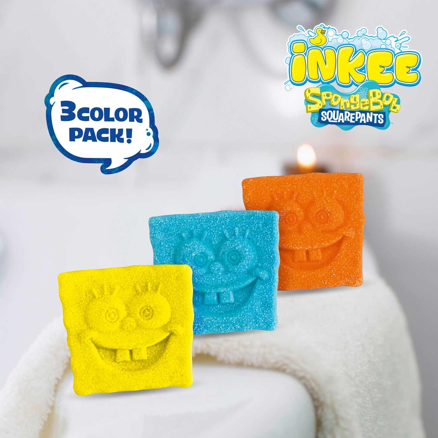 INKEE Mini Pack SpongeBob, Zestaw 3 Pompy Do Kąpieli Dla Dzieci Z Kształtami Jego Postacie SpongeBob I Aromat Popcorn, Bezpieczna Zabawa