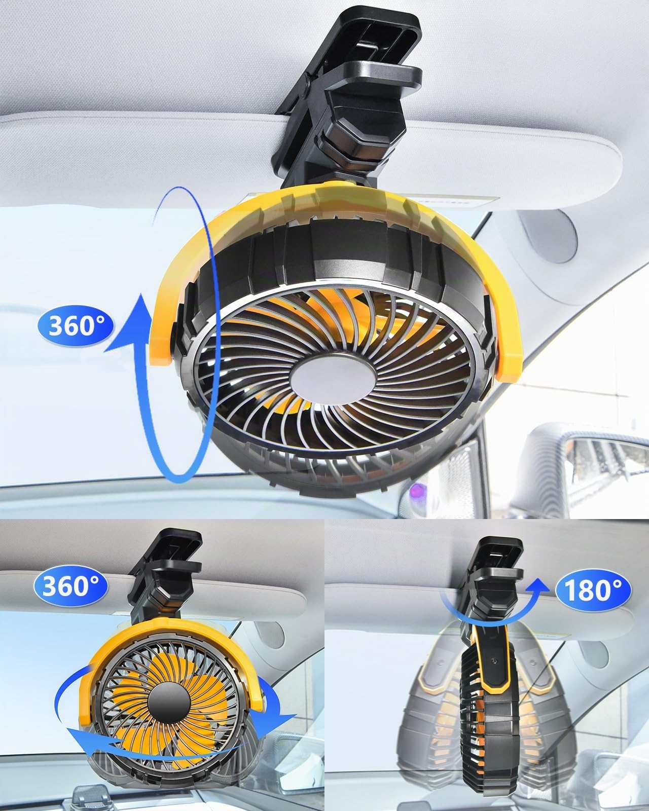 Akku-Ventilator für Auto-Sonnenschutz, Rücksitz & Dachgriffe, leiser tragbarer Clip-Autoventilator für SUV, Van, Wohnmobil, Pickup, Camping, Schreibtisch, Bett, Kinderwagen & Babybett - Gelb