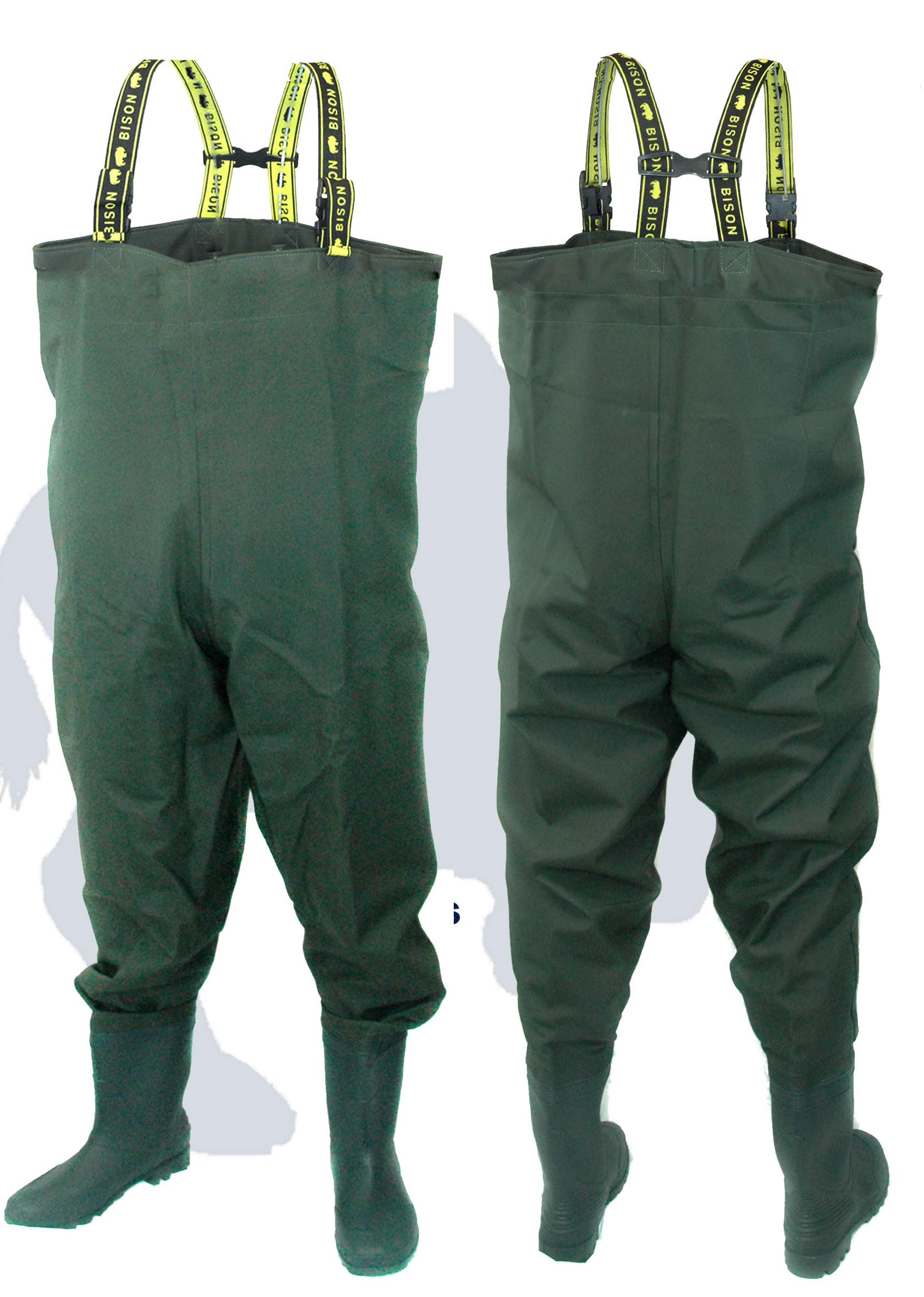Bison Heavy Duty PVC Chest Waders, Waterproof Nylon-Coated, Adjustable Straps, Deep Cleated Soles, Steel Toe Cap (UK9 EU43)