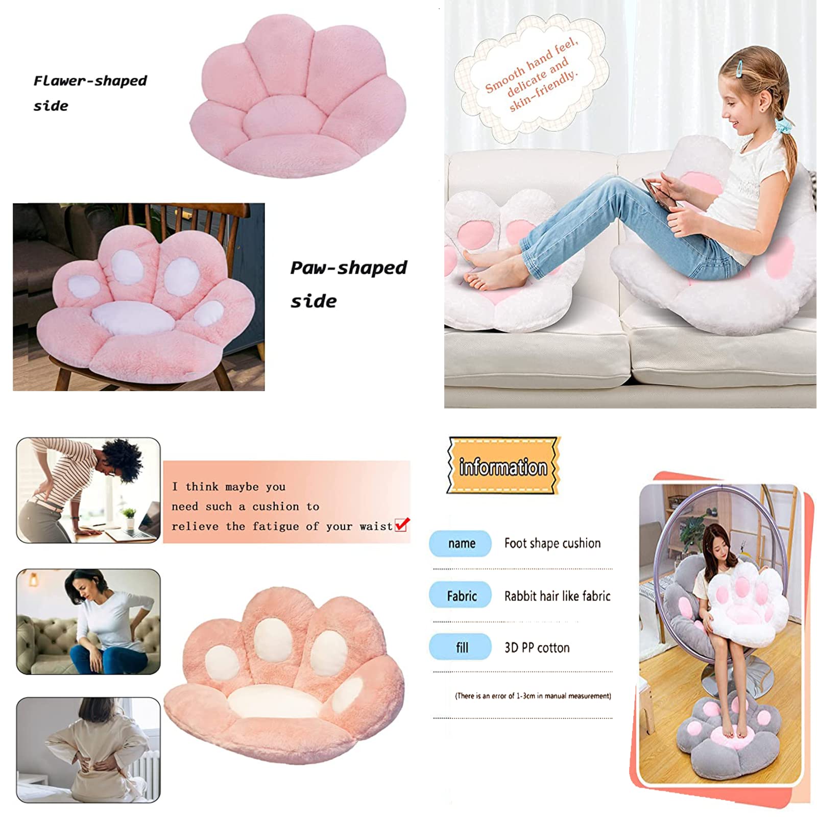 Cuscino Per Sedia A Forma Di Zampa Di Gatto, Morbido E Soffice, 60x52 Cm, Blu/Grigio/Rosa, Per Ufficio E Casa