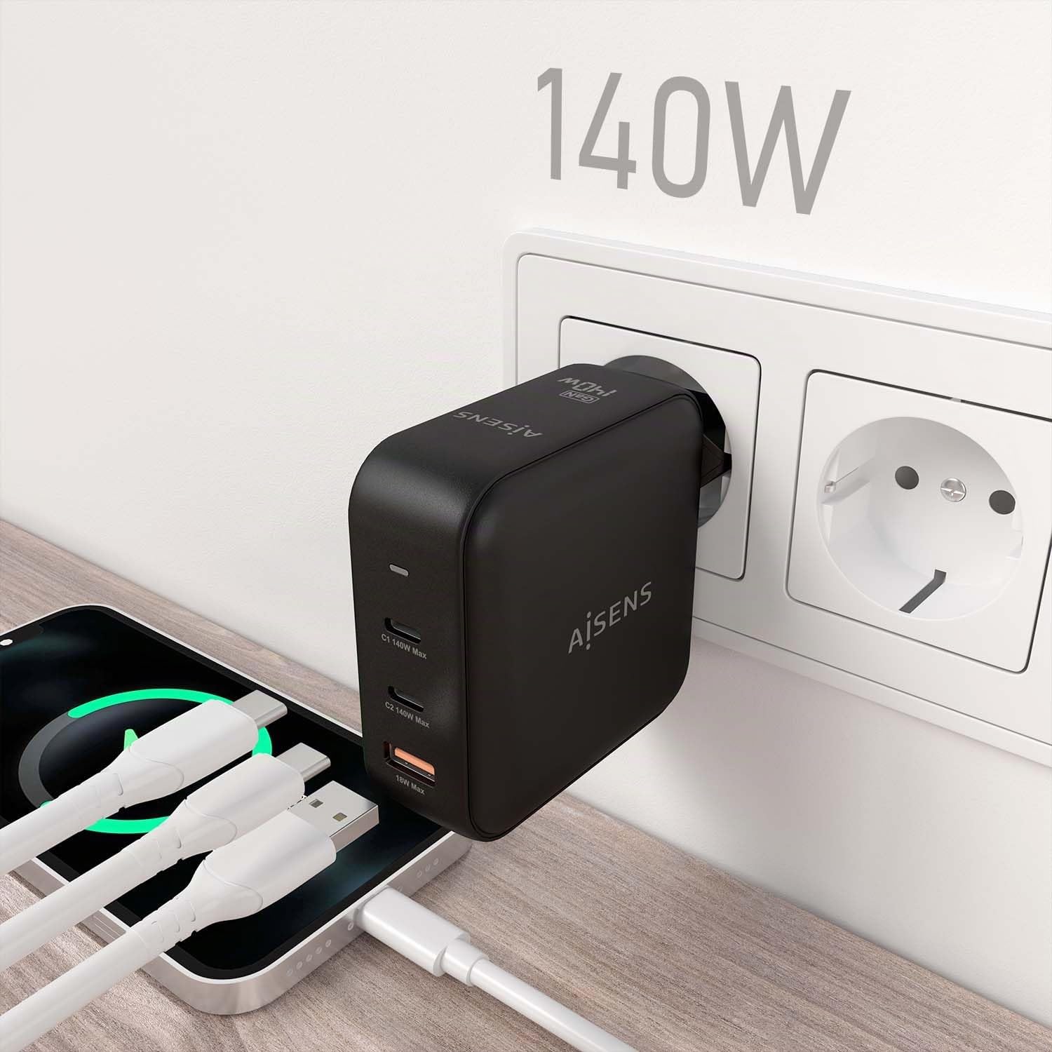 AISENS - ASCH-140W3P031-BK - Cargador GAN 140W, 2XUSB-C PD3.1 QC4.0, 1XUSB-A QC3.0, Negro