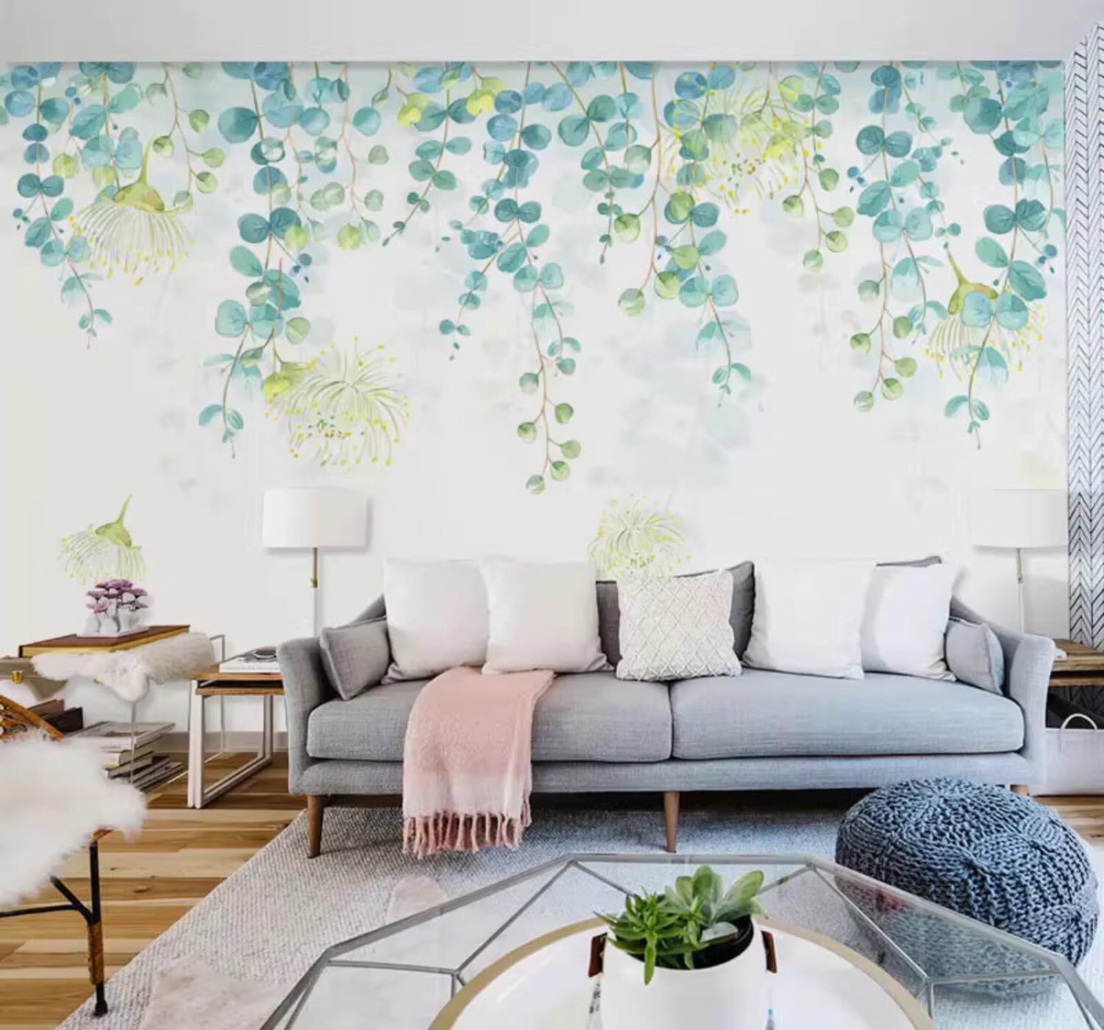 Minimalist Fresh Hand Drawn Green Leaves Flowers 3D Wallpaper Easy Install Feature Office Living Room Sofa Bedroom TV Background Wall Decoration-150cm×105cm