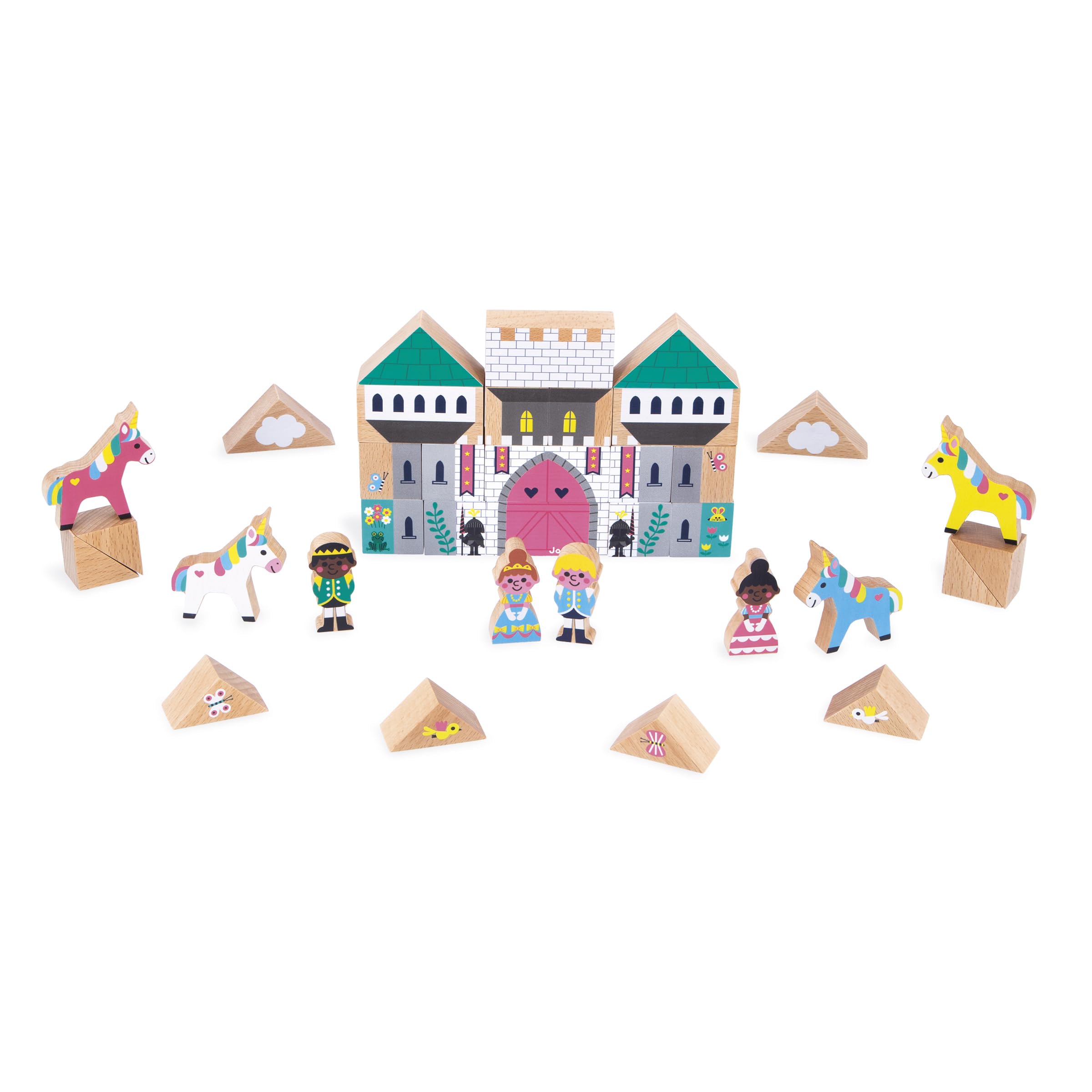 Janod - Set of 35 Solid Wood Cubes - Enchanted Kingdom Theme - Ideal Complement to Car Mats - Construction Toy - Develops the imagination - FSCTM Wooden Toy - From 2 Years - J05927