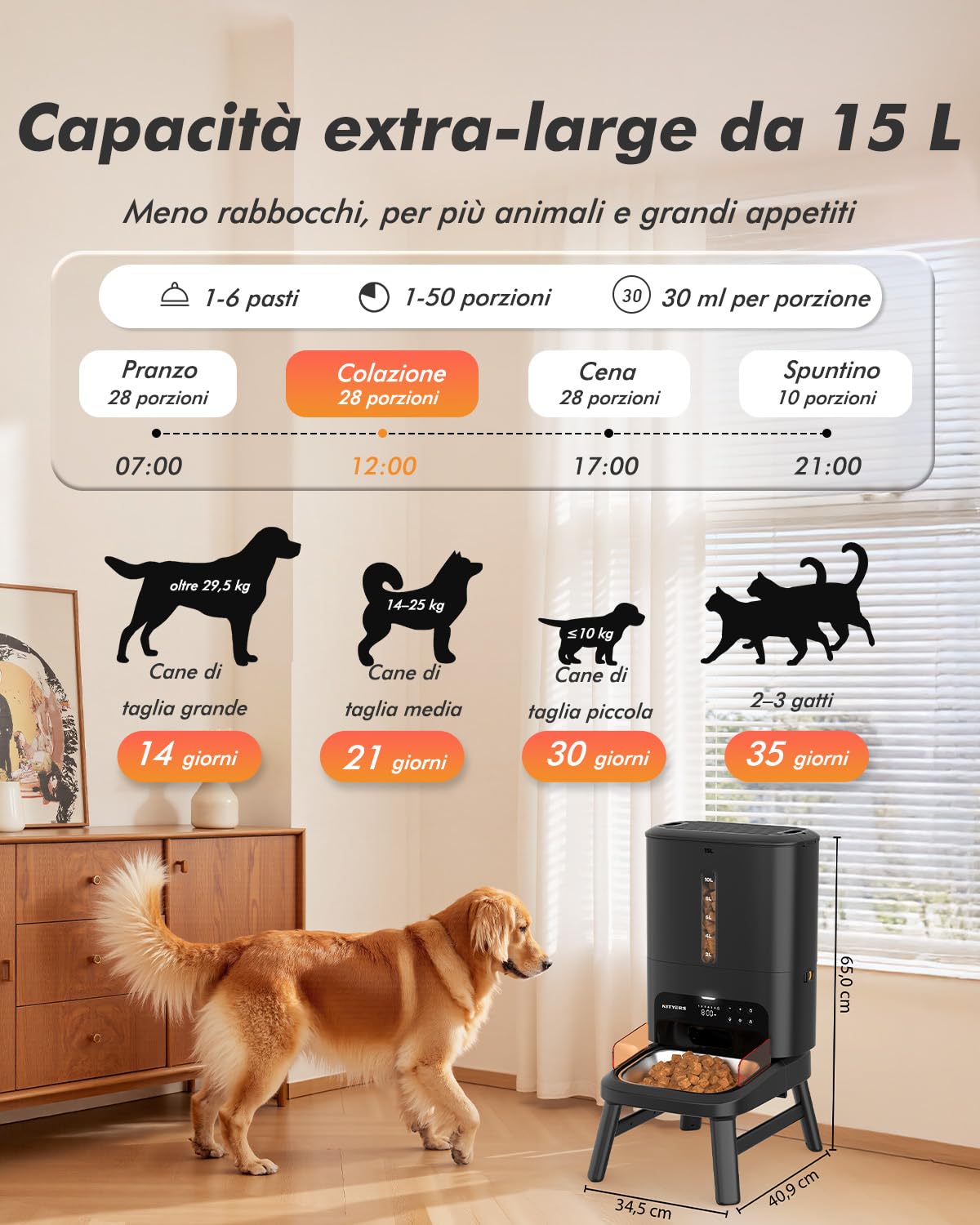 Distributore automatico cibo cani, capacità 15L, croccantini fino a 23mm