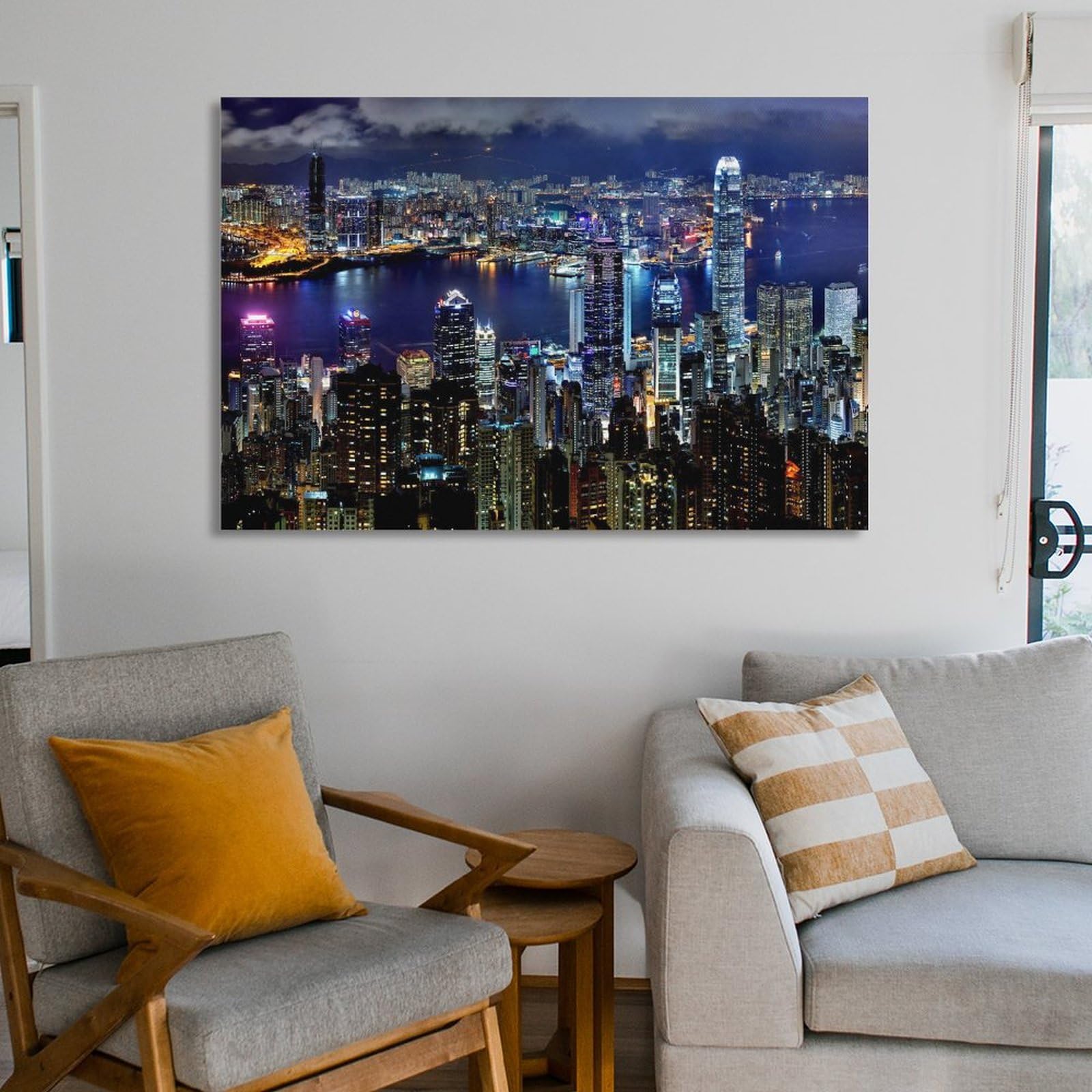 Amazon.co.jp: 香港市の夜景風景キャンバス絵画ポスター ポスター 装飾
