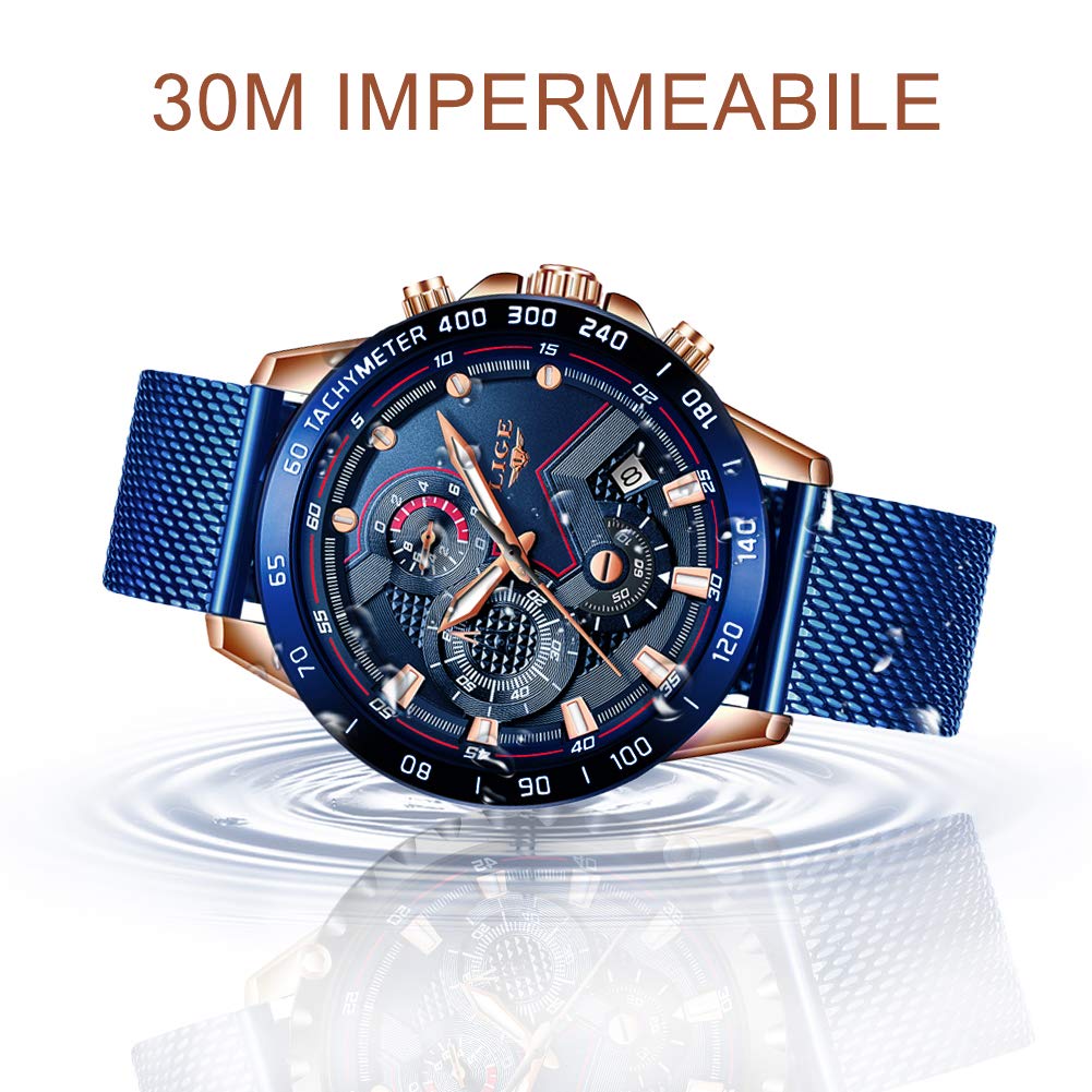 LIGE Cronografo da uomo Impermeabile Analogico Quarzo Orologi…, Blu, cinturino, Blu, Bracciale