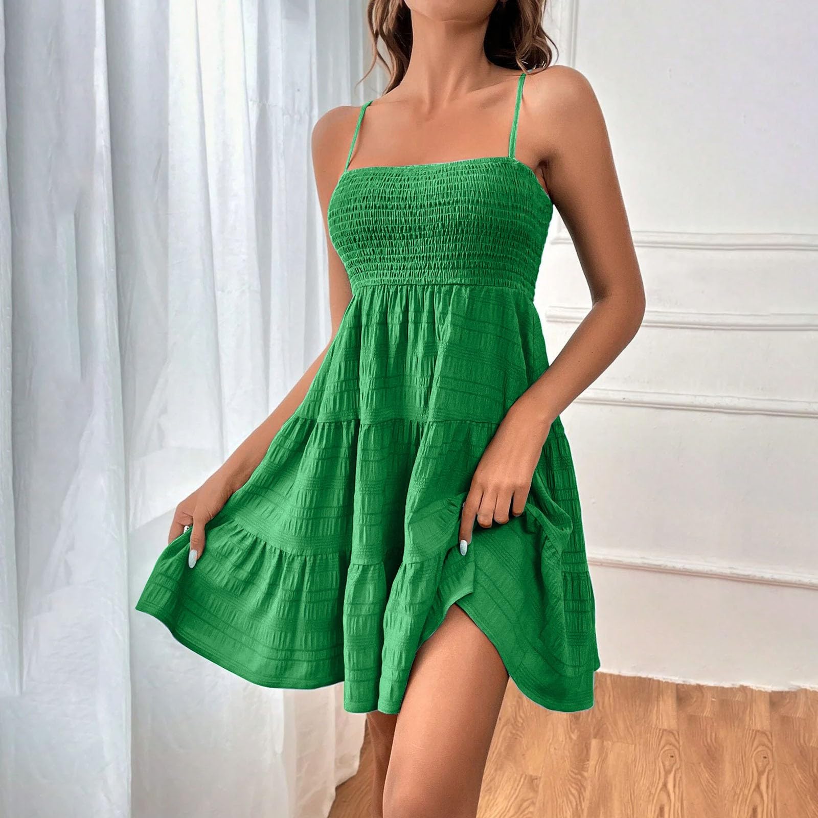 Robe d'été élégante pour femme - Robe longue bohème - Avec bretelles spaghetti - Robe trapèze smockée - Robe de loisirs aérée avec plis à la taille - Robe en mousseline pour vacances, plage, été