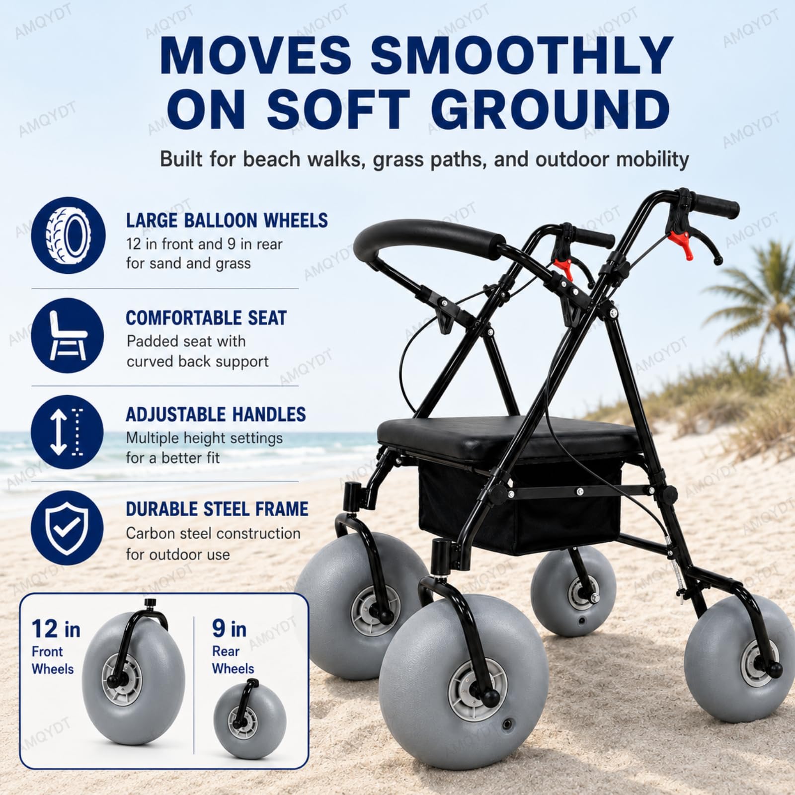 Silla De Ruedas De Playa con Neumáticos Anchos, Andador Todoterreno con Asas Ajustables, Asiento Impermeable Y Transpirable, Apto para Agua Salada Y con Capacidad para 100 Kg (220 LB) En Arena