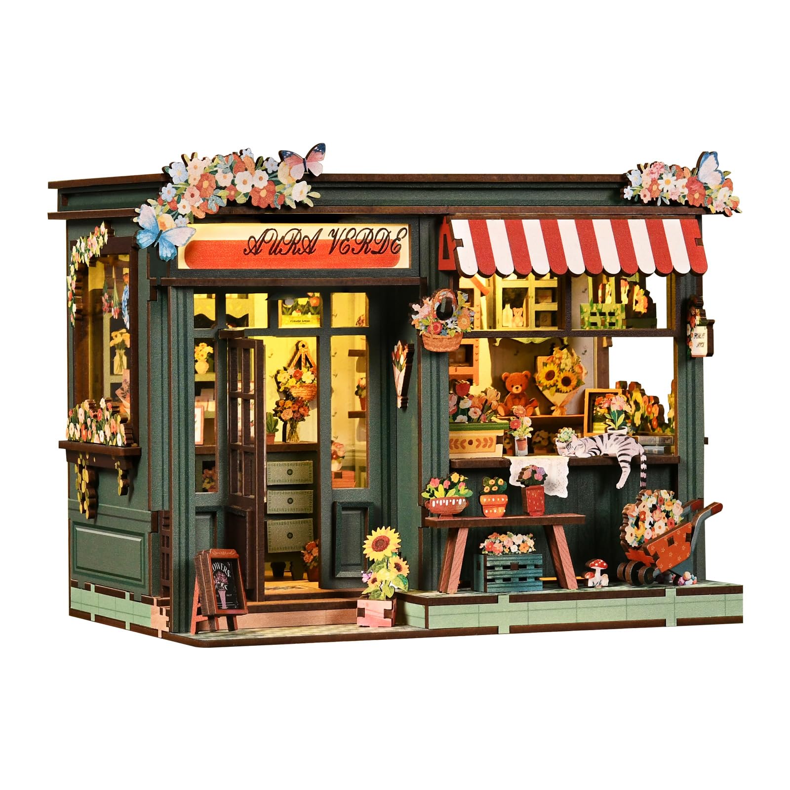 Kit fai da te in miniatura per adulti e ragazzi, decorazione per la casa con scena di negozi di fiori, mini decorazione per la casa, con interruttore touch, puzzle in legno 3D regalo per gli