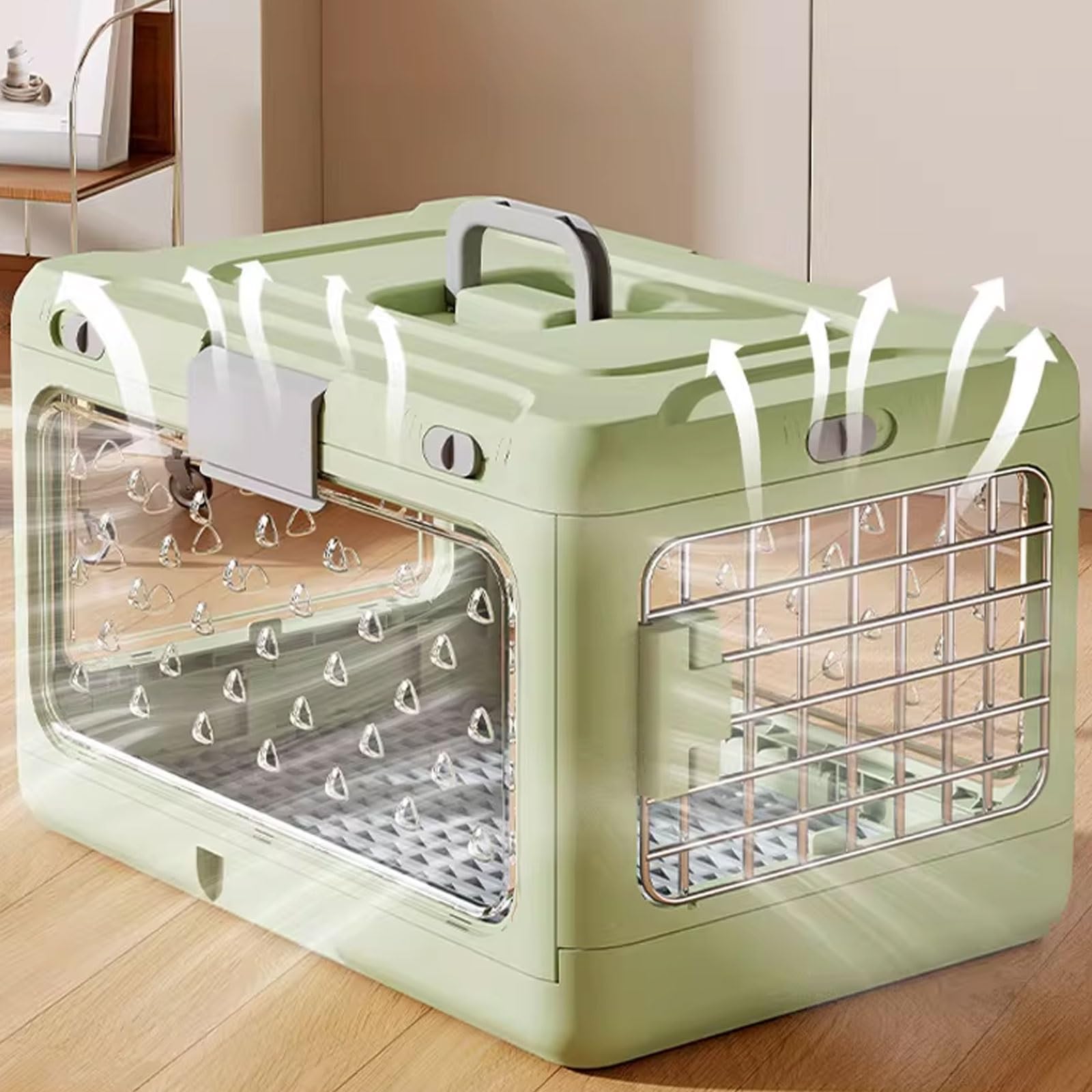 Gabbia per cani pieghevole, design trasparente pieghevole con cuscinetto impermeabile, facile da pulire, cuccia per interni, realizzata in materiale PP