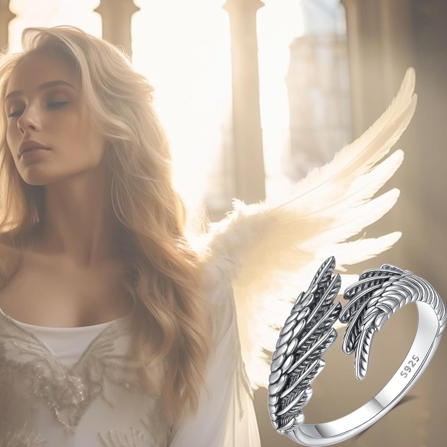 925 Sterling Silver Ring, Angel Wings Ring Vintage Feather Adjustable Rings for Women Dainty Wrap Open Rings Spiritual Jewelry Gfit - Image 4