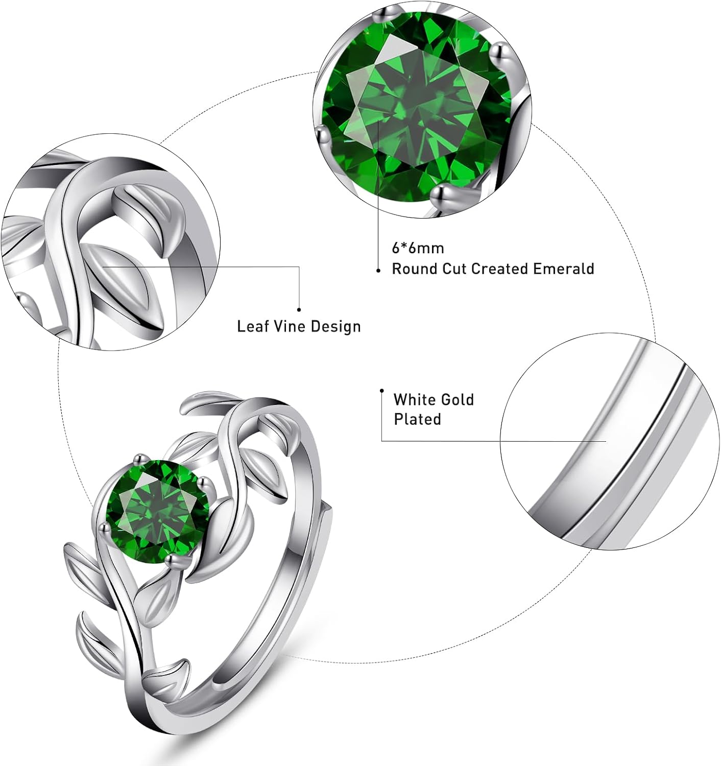 Yaresul 0.8CT Adjustable Women Leaf Ring, 12-Month Birthstone Rings for Women 6mm Round-Cut Simulated Gemstone Statement Engagement Stackable Ring, White Gold, Open Size 5-9