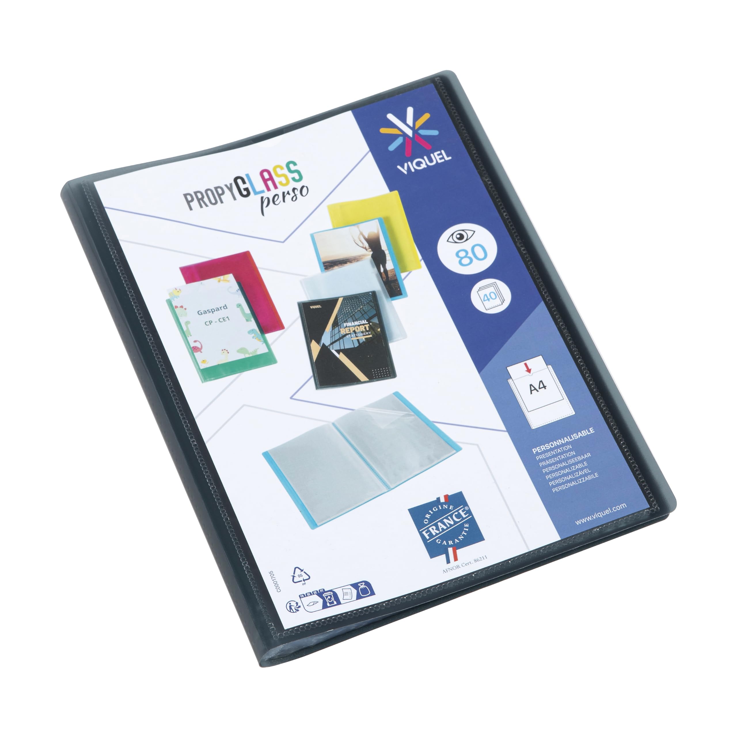 Viquel - Customisable document protector - A4 size binding - 80 views (40 pockets) - Made in France - High quality pockets - Translucent black