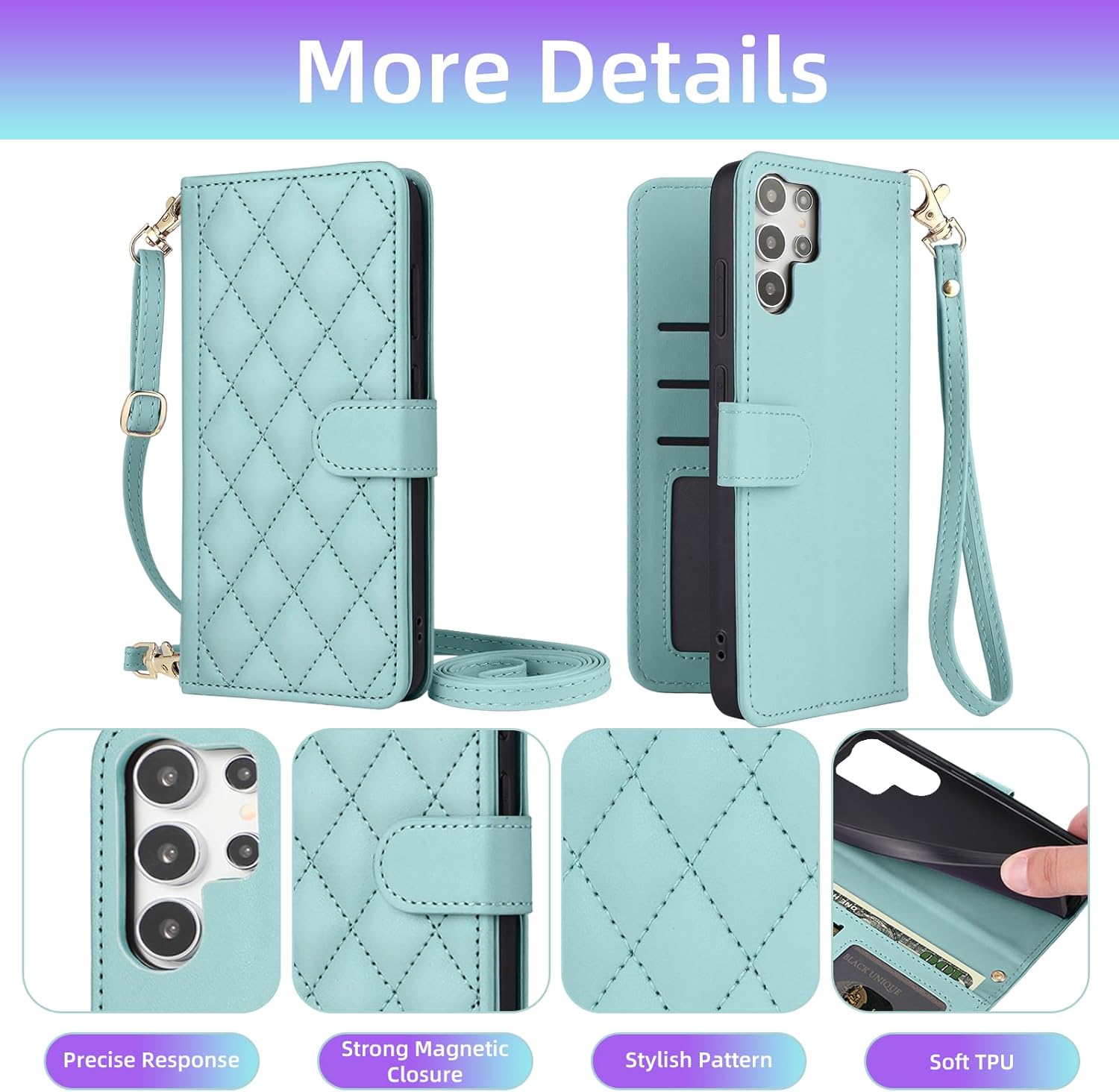 Furiet Argyle Wallet Case for Samsung Galaxy S25 Ultra 5G with Wrist Strap Shoulder Strap, Card Slots Folio Purse, Luxury PU Leather Stand Phone Cover for S25Ultra 25S S 25 25Ultra Women Men Mint - Image 4