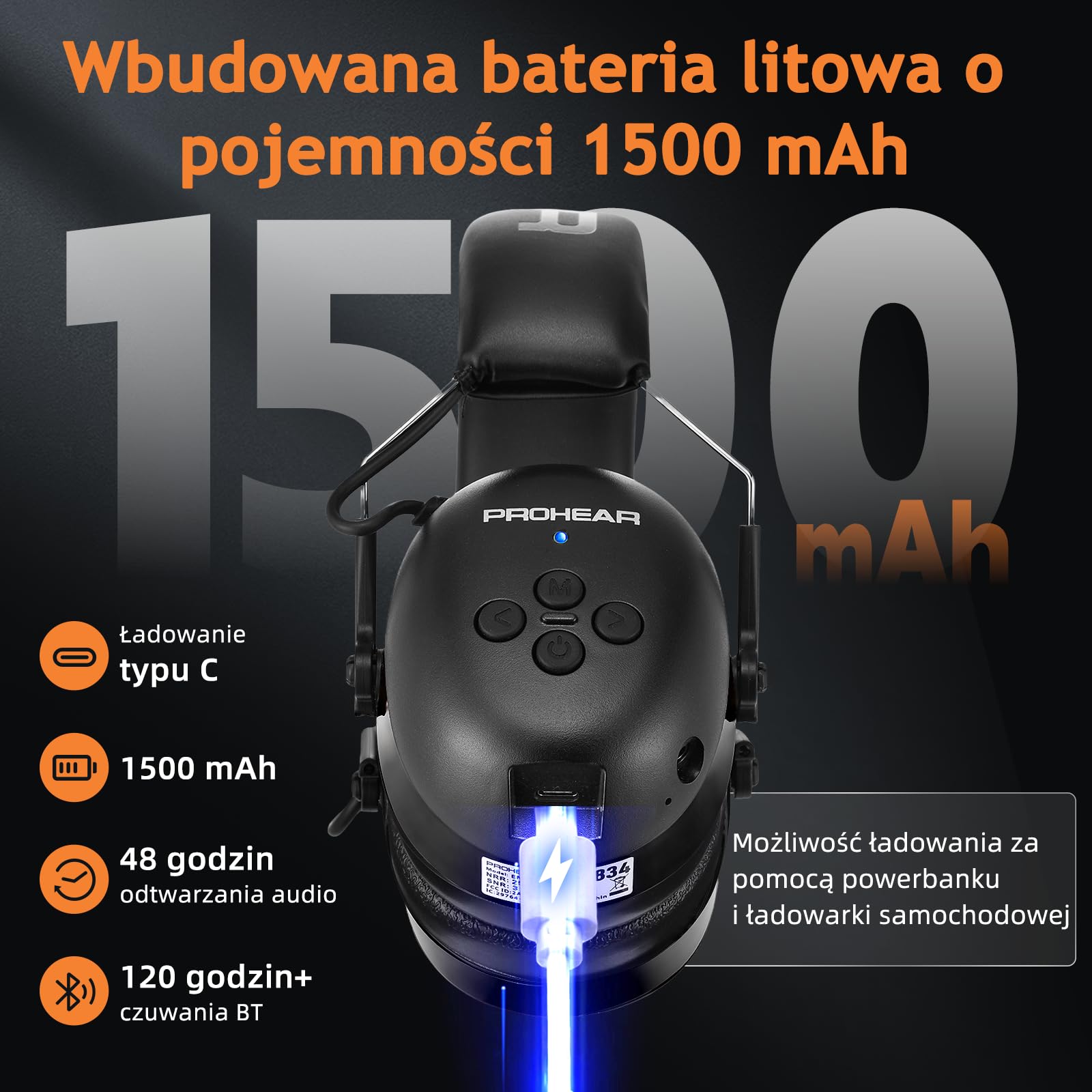 (Wersja uaktualniona) PROHEAR 037 Zestaw słuchawkowy Bluetooth 5.0 do ochrony słuchu z wbudowanym mikrofonem i funkcją redukcji szumów, odpowiedni do pracy i rozrywki, SNR 30dB-czarny