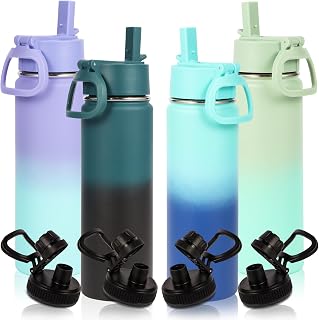 Volhoply 20oz Insulated Stainless Steel Water Bottle with Straw Lid Bulk 4 Pack,Kids Double Wall Vacuum Cups with Handle,Reusable Outdoor Sports Metal Bottles,Travel Flask Keep Cold(Assorted,4)