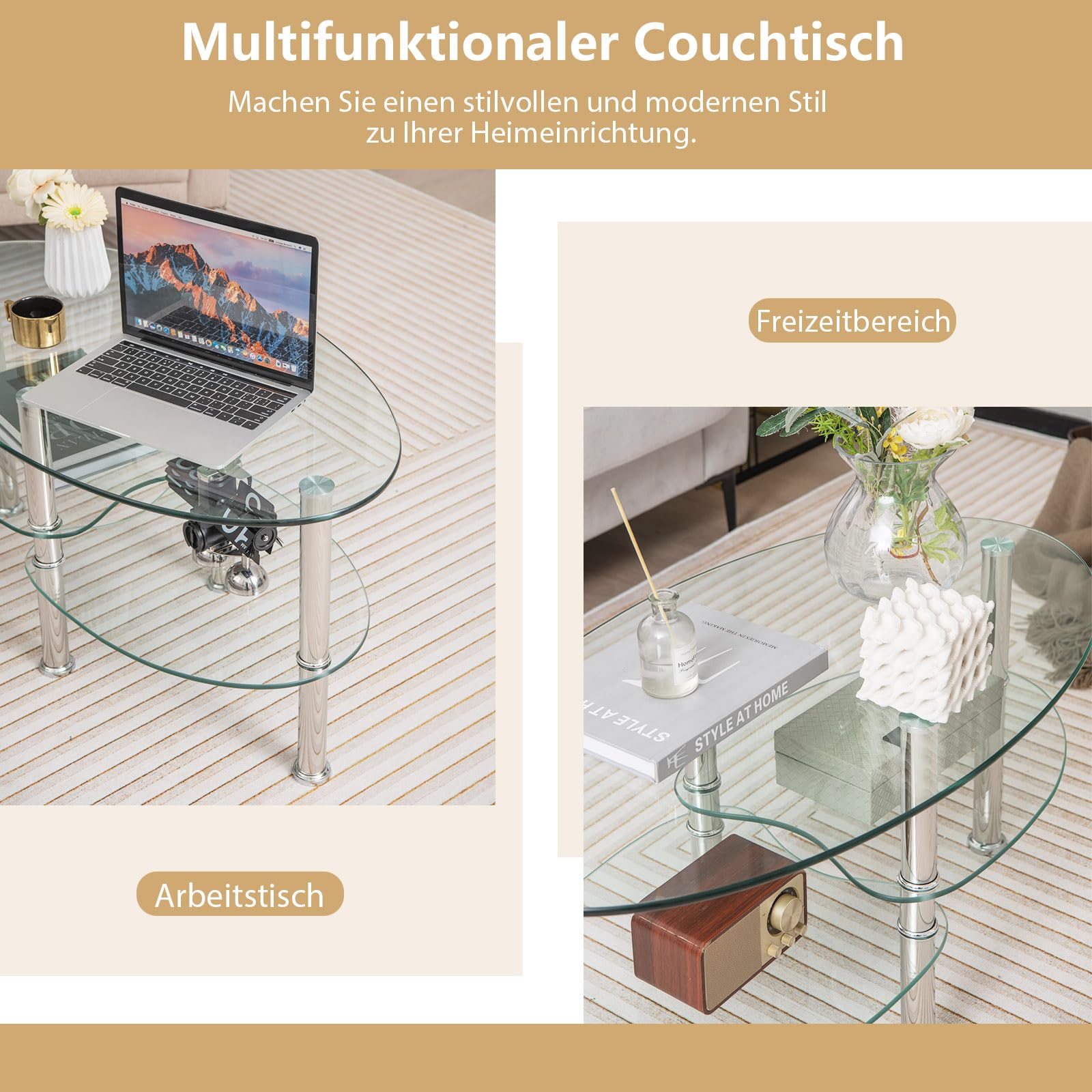 Costway Salontafel Van Glas Glazen Tafel Met 2 Niveaus Woonkamertafel Met Netplank En Oppervlak Van Gehard Glas Koffietafel Transparant