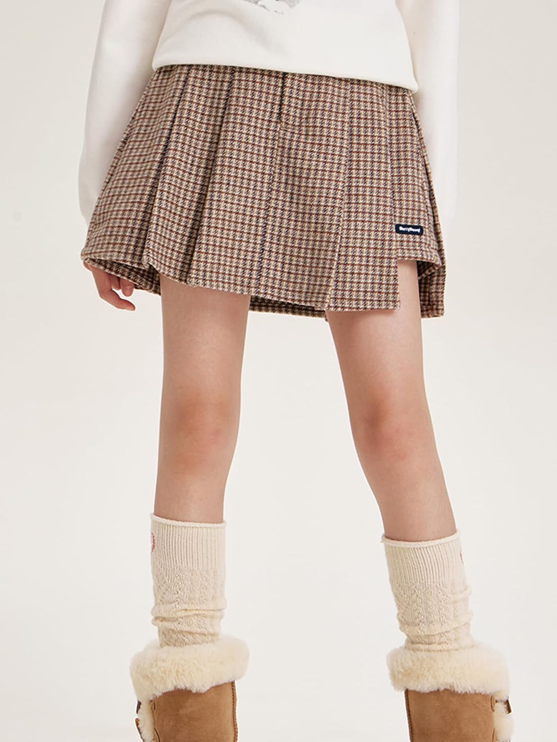 Girls Skirt,Plaid Pleated Skirt with Built-in Shorts,Houndstooth Pattern Wool Blend Skirt for Girls 6-16Y