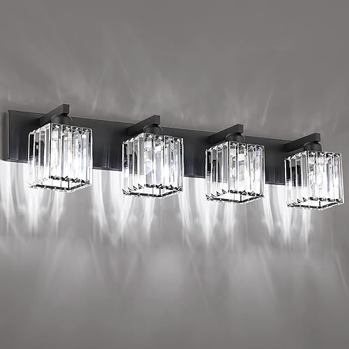Miniatura 2 de Aipsun Lámpara negra para tocador de baño, lámpara de tocador moderna de cristal para baño, 4 luces (excluye bombilla)