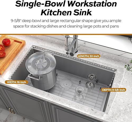 Miniatura 6 de Fregadero de cocina con estación de trabajo de 32 pulgadas, cuenco individual profundo de montaje inferior, acero inoxidable con reborde integrado y