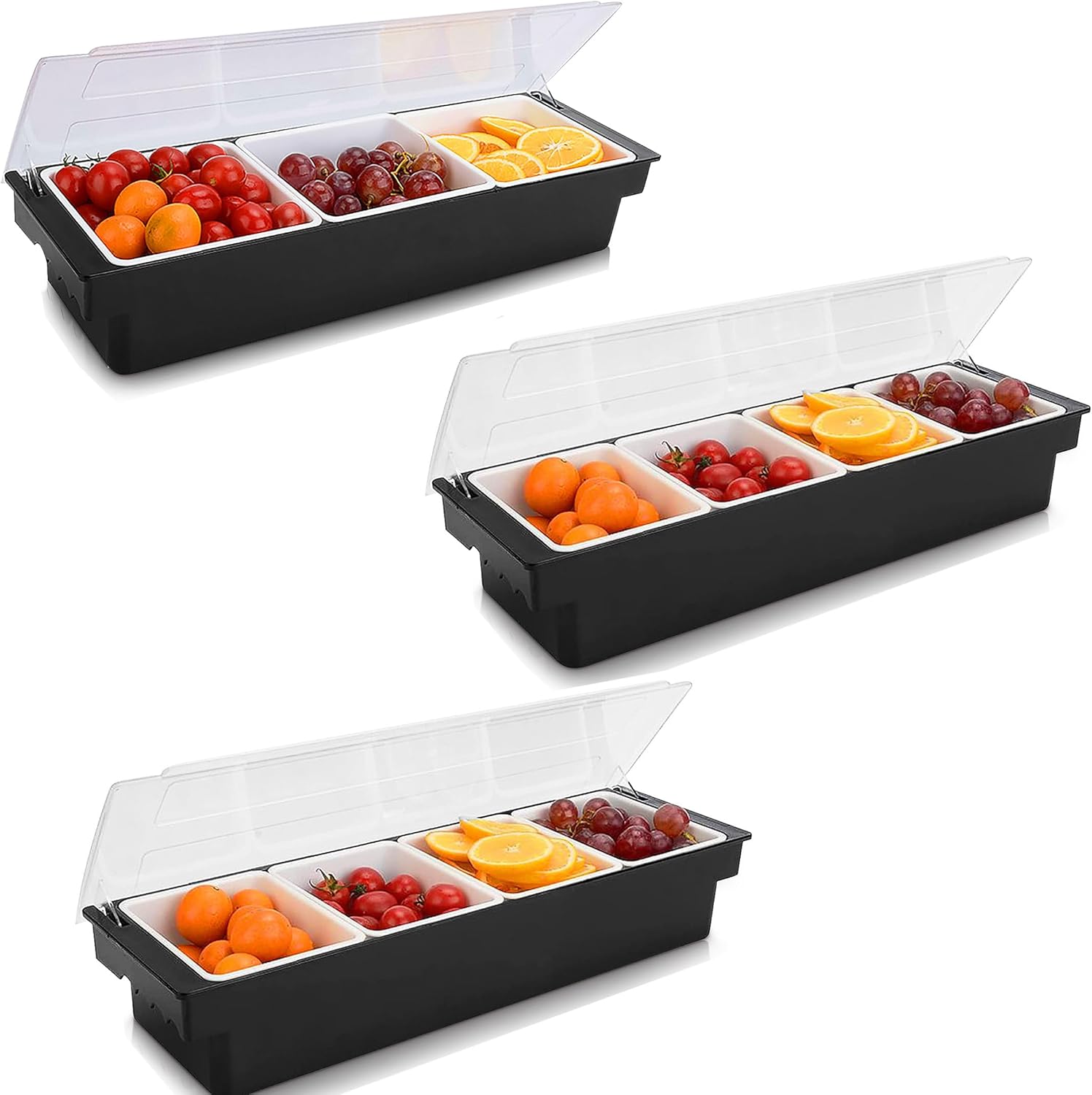WICHEMI Fruit, Veggie & Condiment Caddy with Lid Dispenser Tray Plastic Garnish Station for Bartending & Serving Taco, Ice Cream, Salad Bar (3 Pack, 4 Compartment x2, 3 Compartment x1)