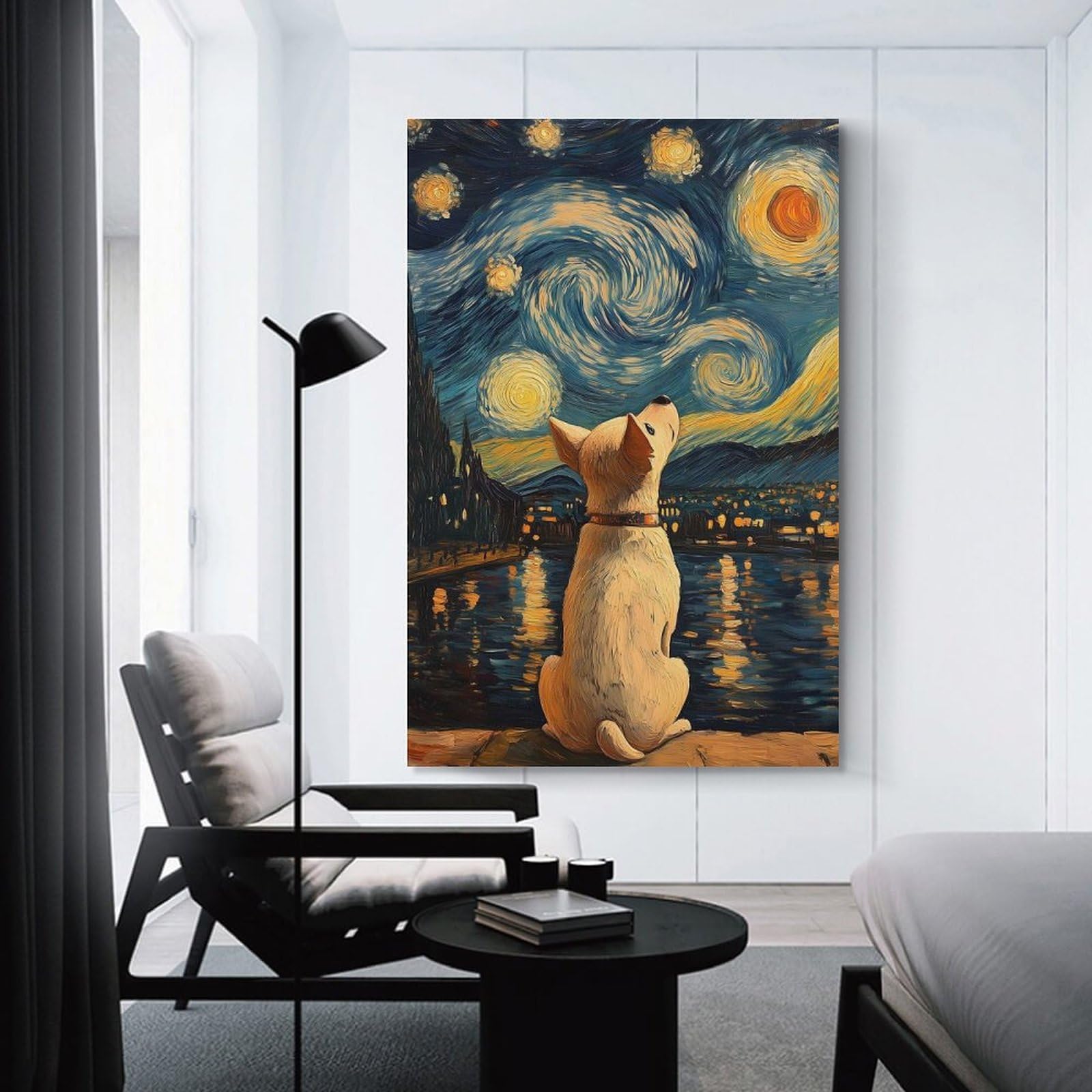 Junmoney Canvas Art Print Dog Gazing Starry Night Van Gogh Painting, 24x36inch(60x90cm), for Office, Study Or Home Workspace, Home Office Artwork with Decorative Appeal