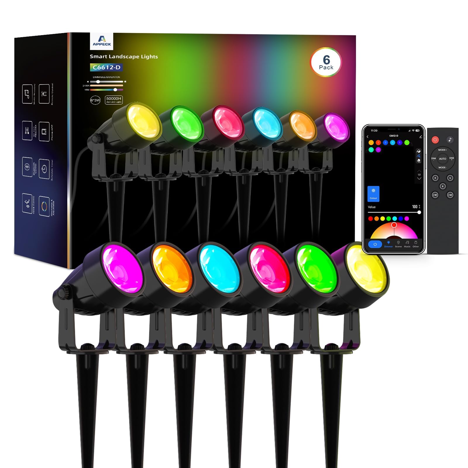 APPECK Gartenstrahler, WiFi Smart Gartenbeleuchtung mit Strom, RGBW Farbe ändernde intelligente Niederspannungs-Spot-Lichter, mit App/Sprachsteuerung, für Patio Garten Einfahrt Gehweg, 6 Stück