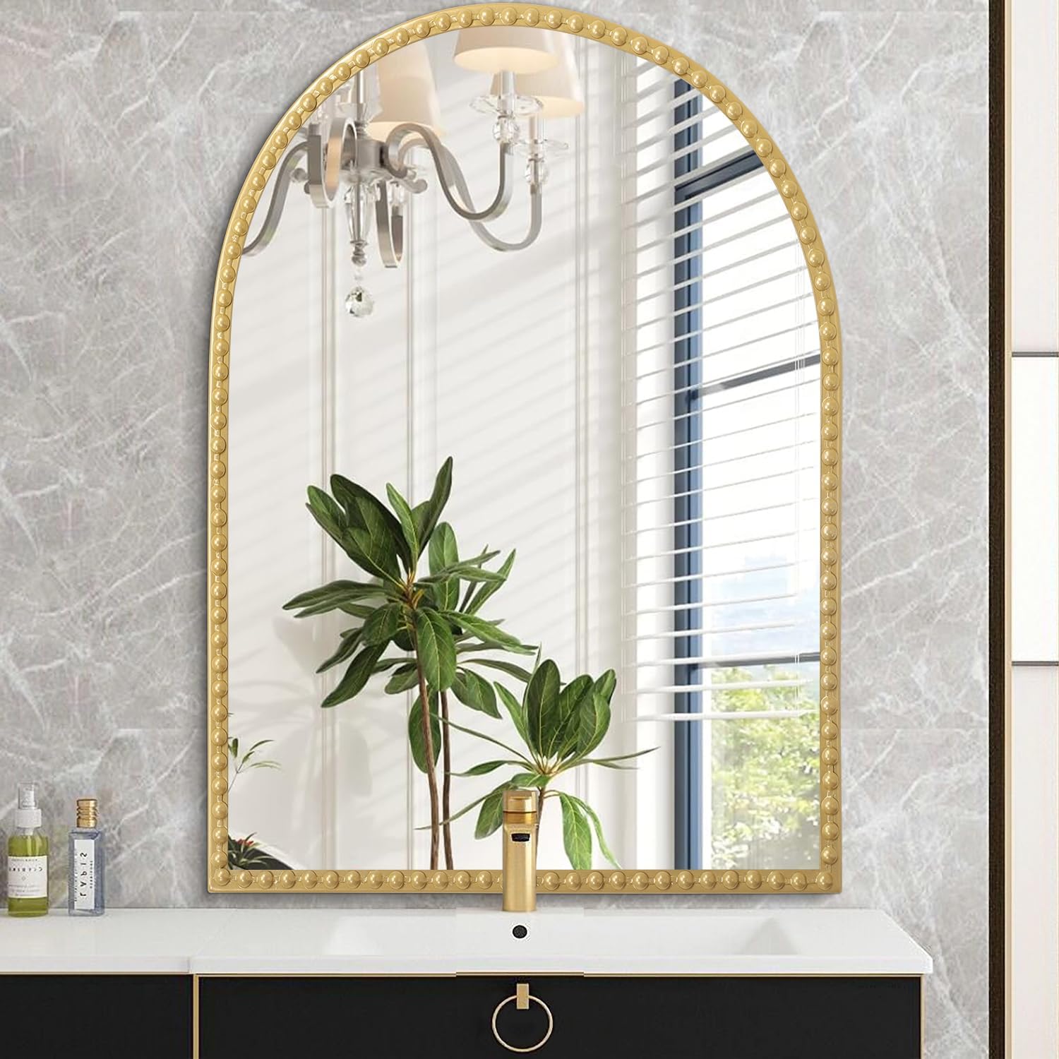 Large Gold Arch Mirror for Bathroom, Metal Beaded Frame 36"x24" Arched Wall Mirror, Decorative Mirror for Vanity Accent Bedroom Living Room Entryway