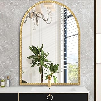Gold Arched Mirrors for Wall, Beaded Framed Metal Accent Wall Mirror Decorative Bathroom Living Room Bedroom Entryway 30"x20"