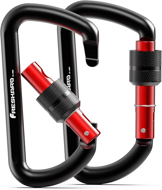 FresKaro 3inch Locking Carabiner Clips, Weight Rating 1224kg, Screw-gate Aluminum Carabiners Heavy Duty, for Hammocks, Yoga Swing, Camping, Keychain, Locking Dogs, Black