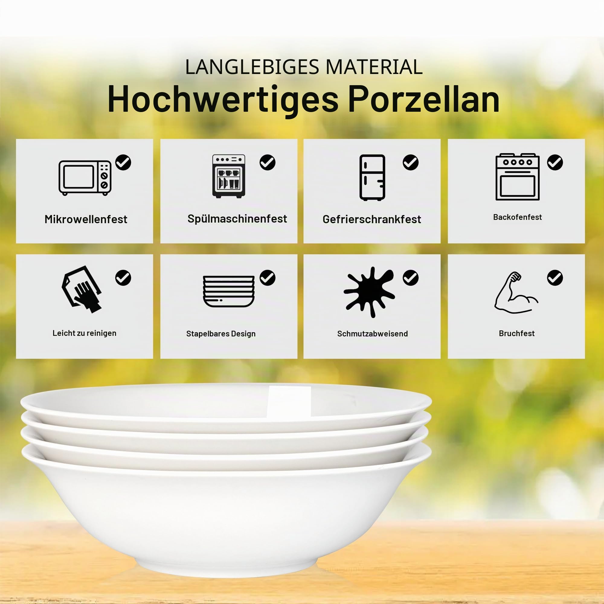 Suppenteller, 4Teilige 1.5L Tief Pastateller Salatschüssel, Groß Knochen porzellan Servier Schüssel Teller Set für Salat Pasta Eintopf Ramen Pho Obst, Weiß Keramik Schale Φ23.5cm