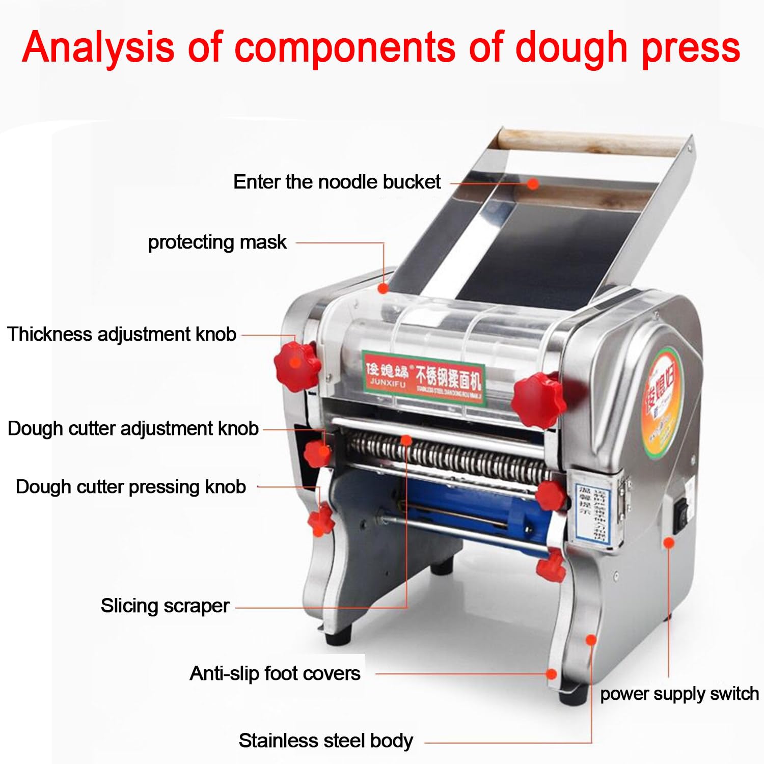 Máquina de Pasta Eléctrica Comercial Laminadora de Masa Eléctrica, 550W/750W 2 Juegos de Cuchillos, 0.3-20mm Grosor Ajustable, para Catering Doméstico, Acero Inoxidable FKM240