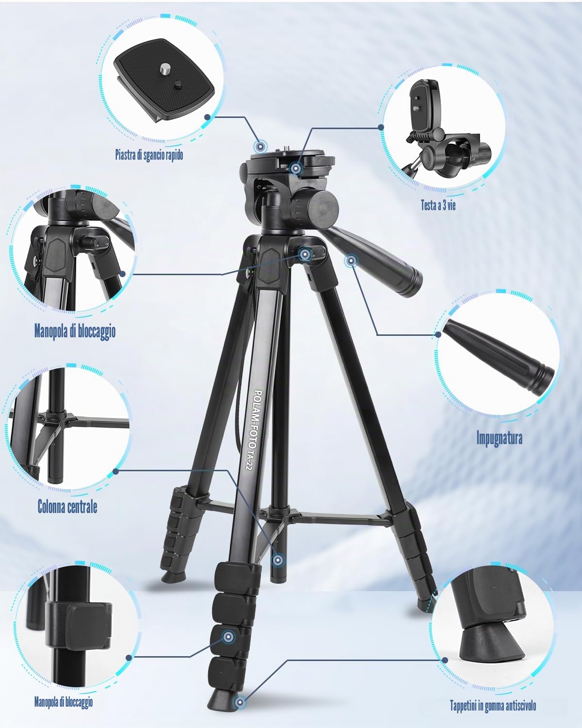 POLAM-FOTO 172 cm Treppiede leggero per smartphone, treppiede in alluminio, con testa panoramica a 3 vie e supporto per cellulare, adatto per smartphone e fotocamere DSLR, nero