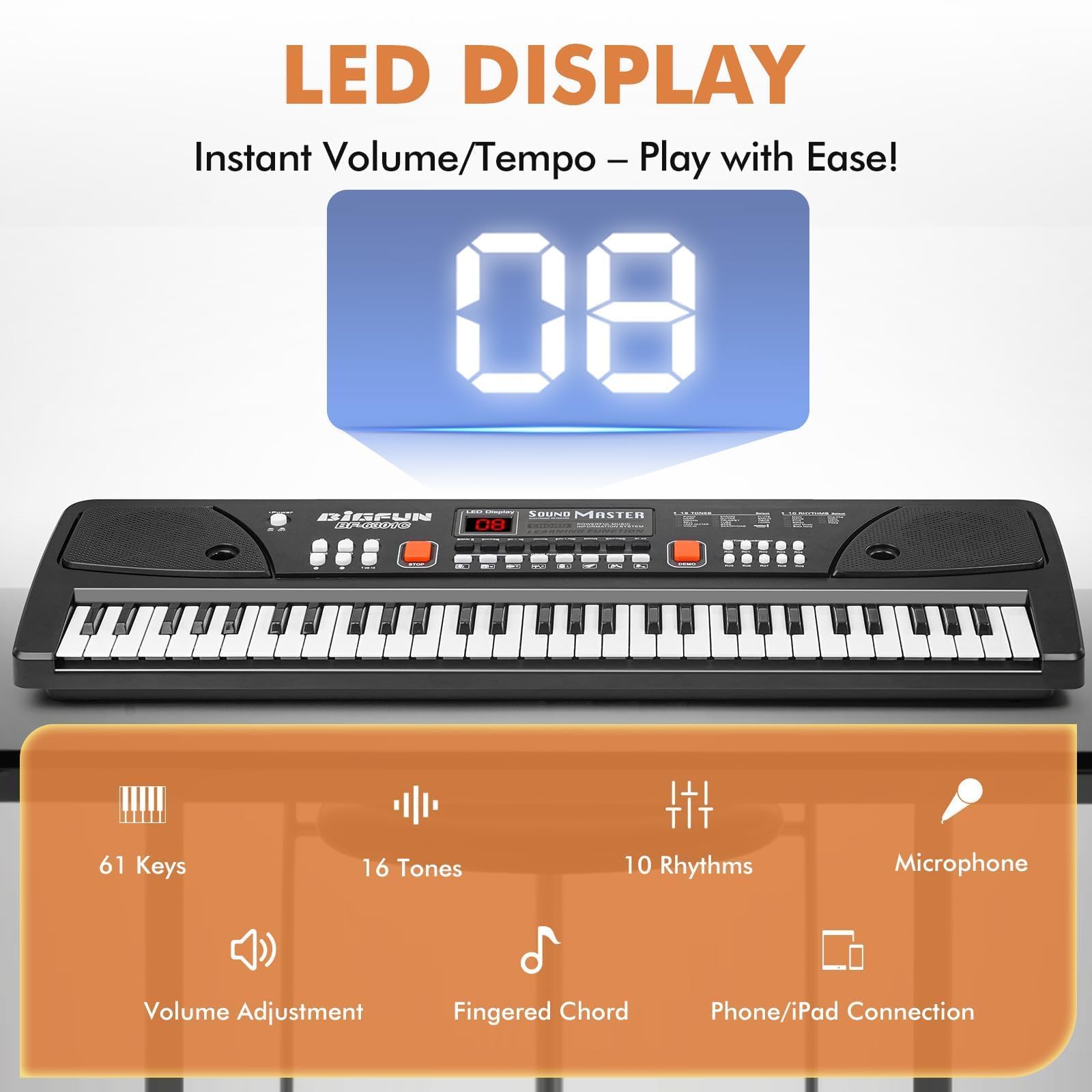 Teclado Piano 61 Teclas Infantil con Pantalla LED Atril Micrófono, Negro | Portátil Electrónico Musical Juguete Regalo Cumpleaños y Navidad para 3 4 5 6 7 8 9 Niños Niñas Principiantes