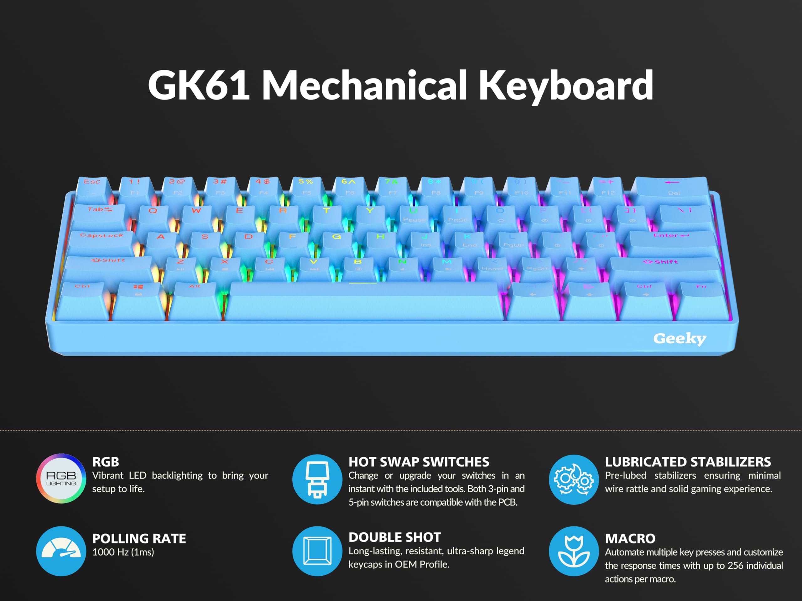 Geeky GK61 60% | Hot Swappable Mechanical Gaming Keyboard | 61 Keys Multi Color RGB LED Backlit for PC/Mac Gamer | ANSI US American Layout (Blue, Mechanical Speed Silver) — view 5