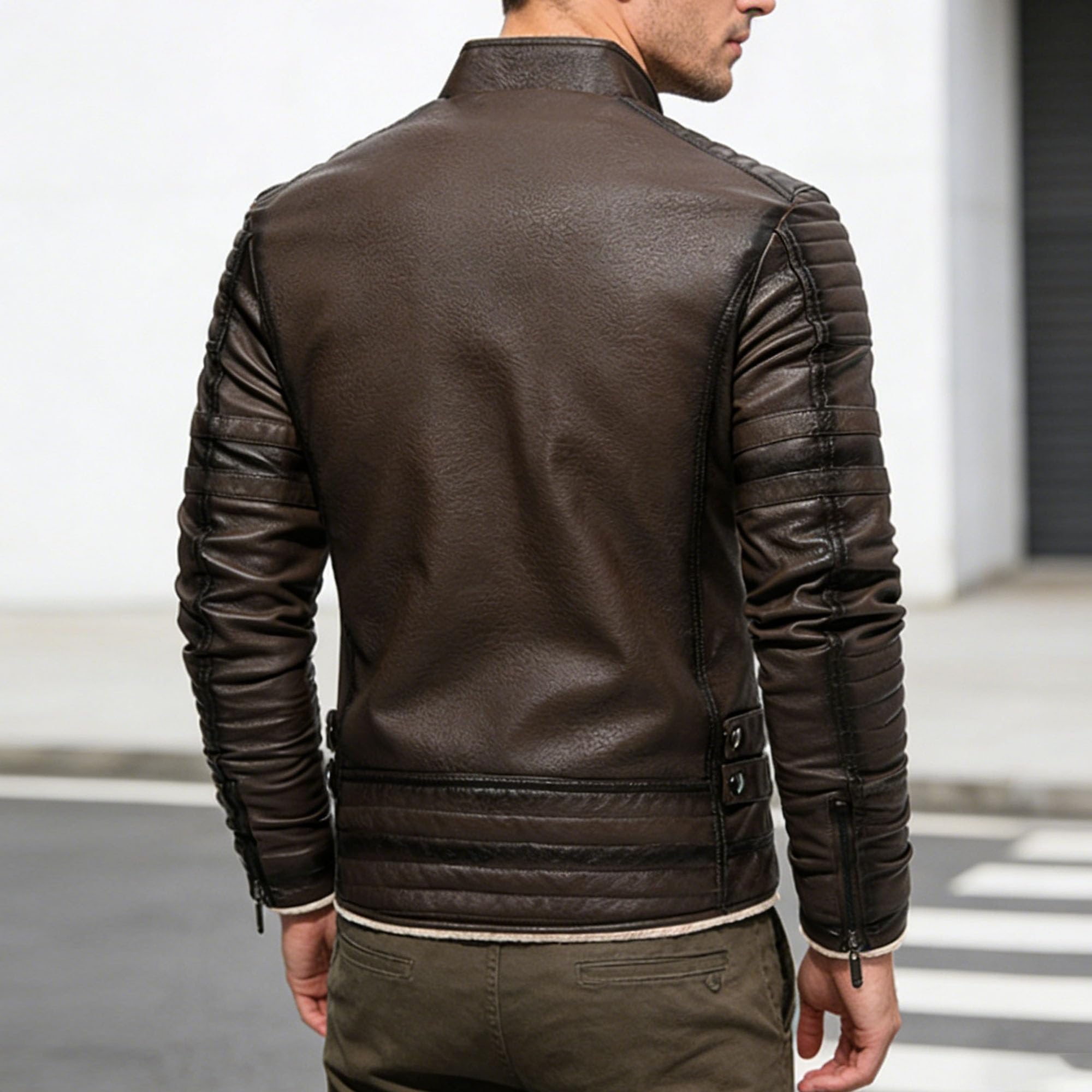 Chaqueta de motociclista de piel sintética para hombre, con forro polar y cuello alto, elegante y cálida para el invierno.