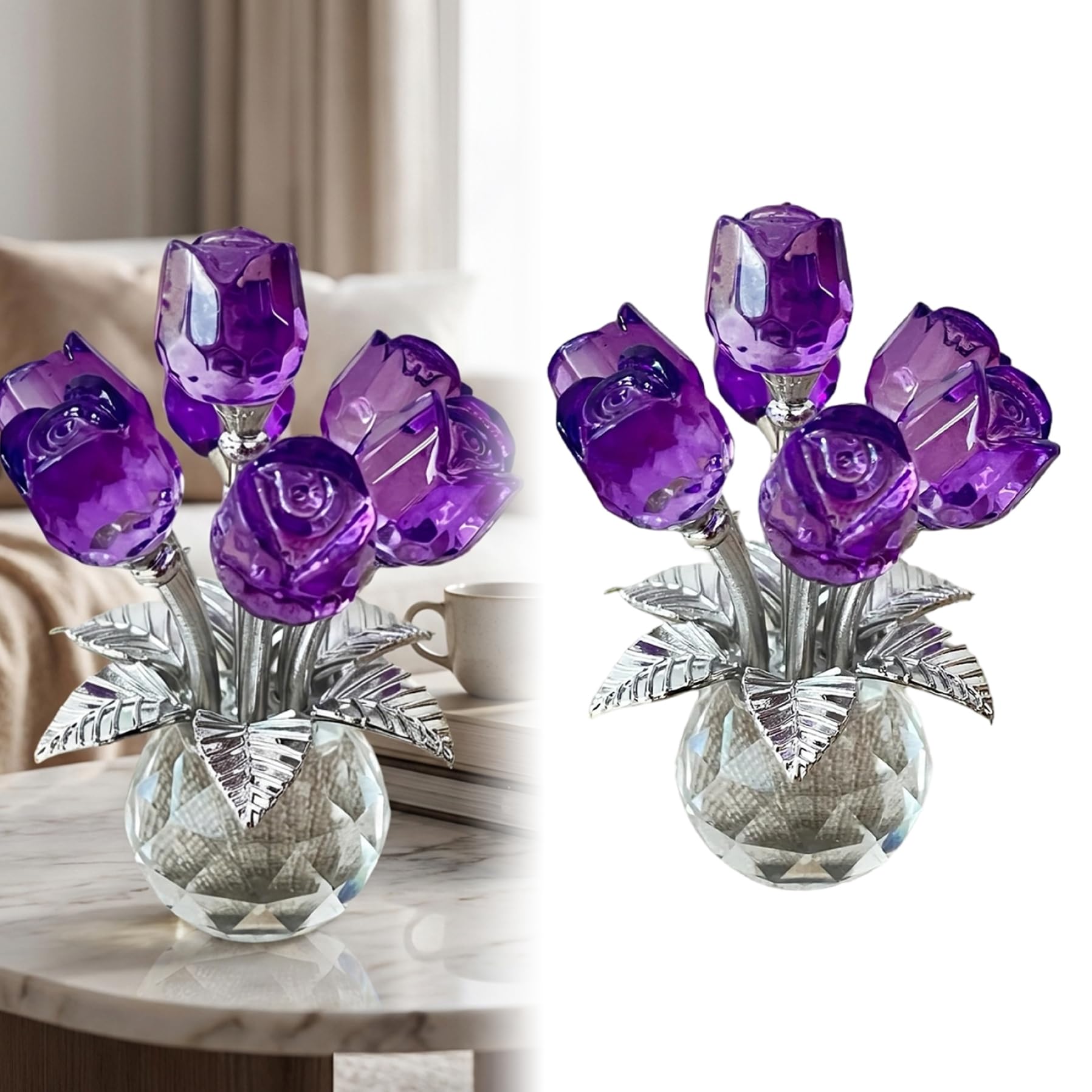 Roses en cristal violet avec ornement en verre, bouquet de fleurs artificielles pour salon moderne