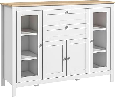 HOMCOM 47" Sideboard Buffet With Rubber Wood Top, Glass Door, Coffee Bar Cabinet, Kitchen Drawers, Adjustable Shelving for Living Room, White