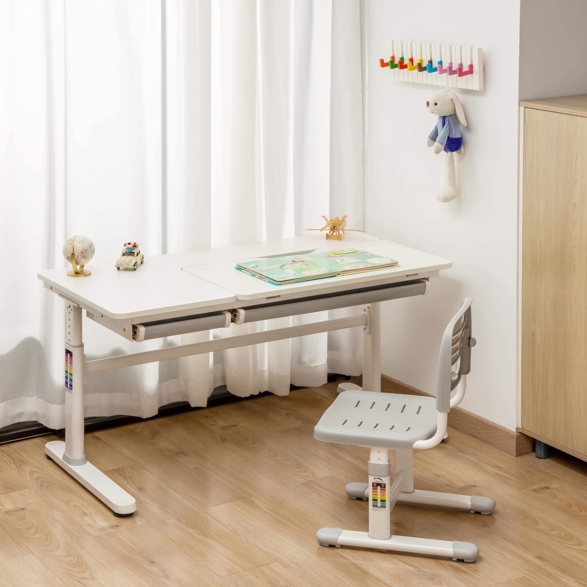 [en.casa] Schreibtisch Kinder Sauda Kinderschreibtisch höhenverstellbar 120 x 60 cm Schülerschreibtisch mit neigbarer Tischplatte und 2 Schubladen Grau/Weiß