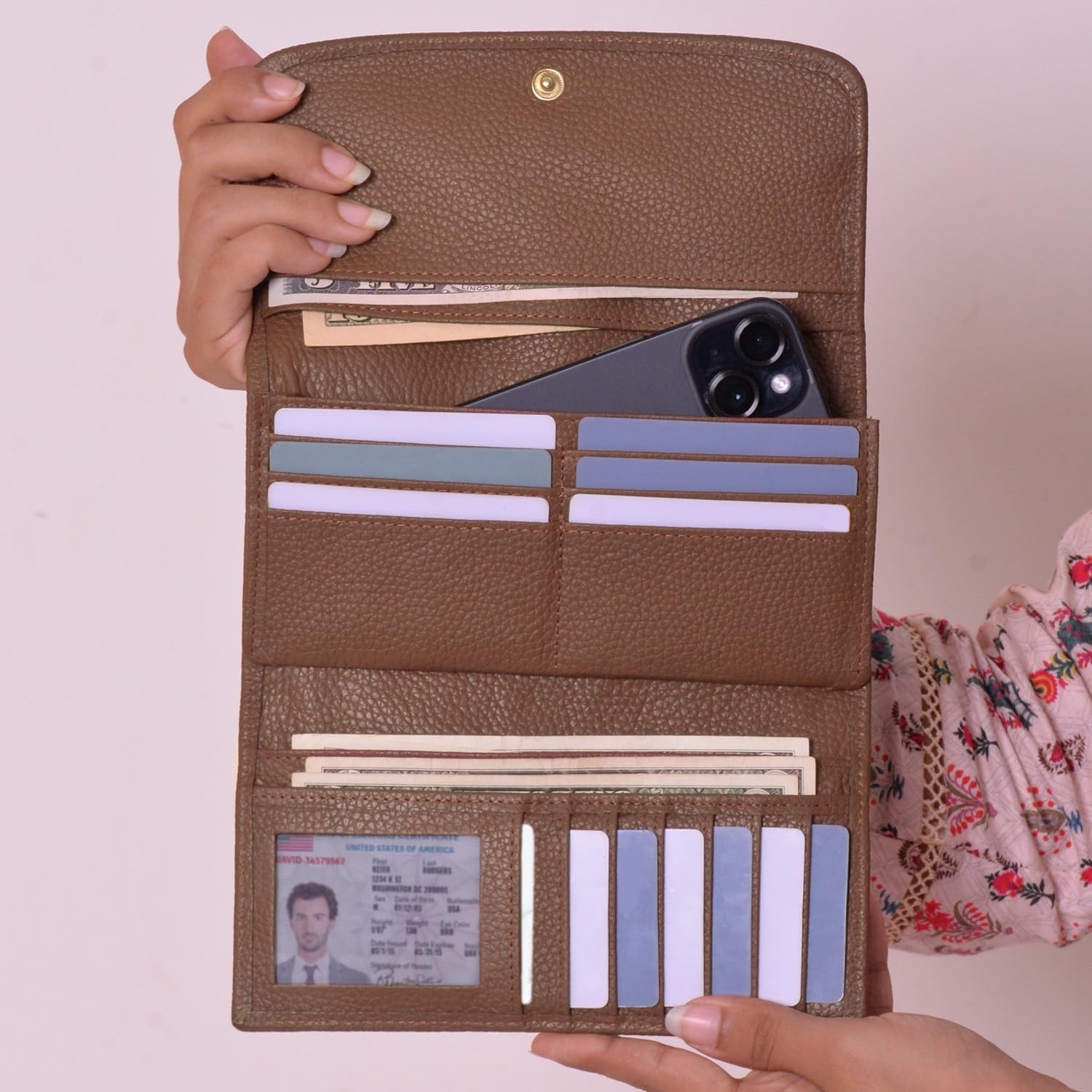 Genuine Leather Women's RFID Blocking Trifold Slim Clutch Wallet with 12 Card Slots, 1 ID Window, and 4 Cash Slots