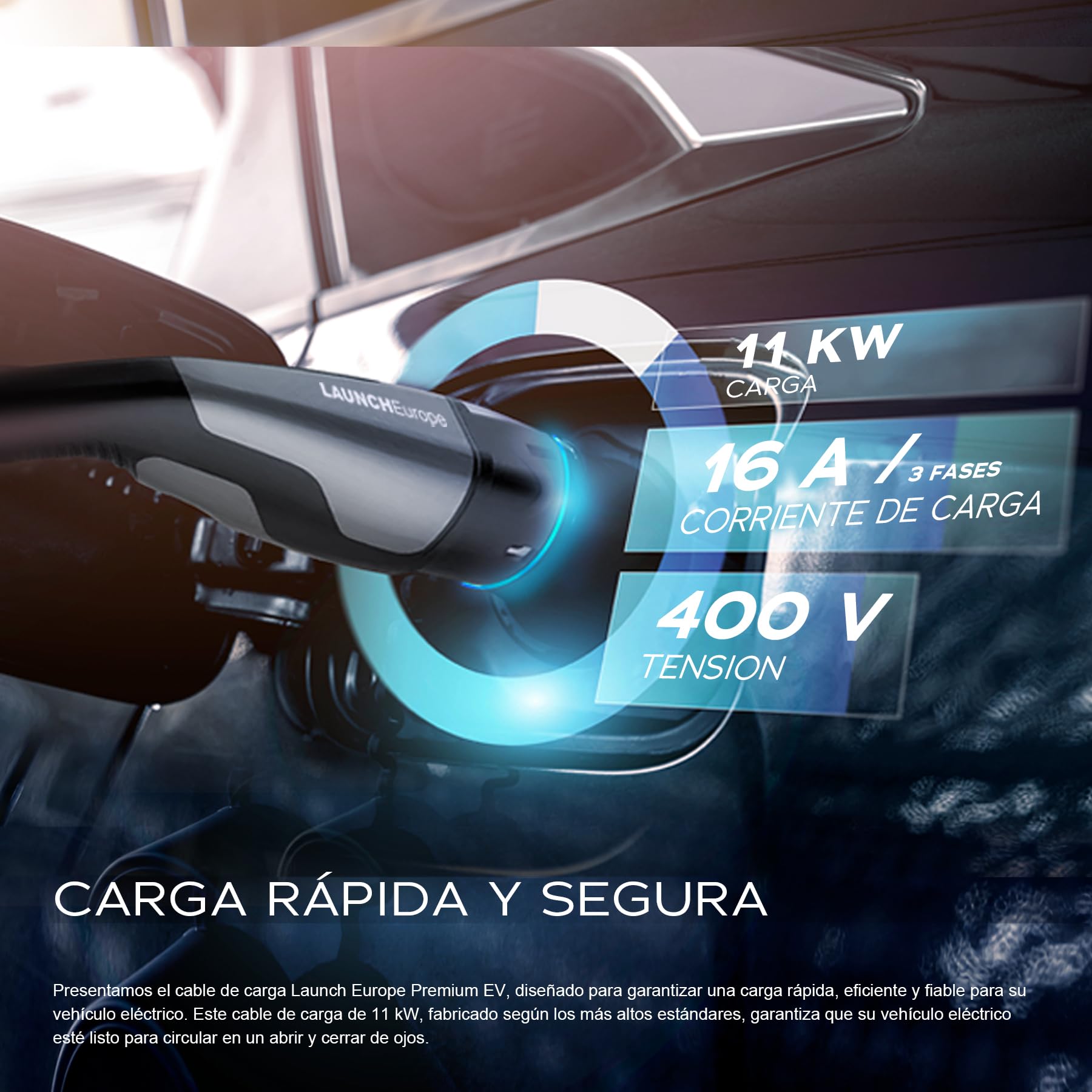 LAUNCH Cable Carga Coche Electrico (16 A, 11 kW, 7 m, Trifásico), EV Cable de Extensión Tipo 2 Compatible con Cargador EV, Estación de Carga, IP55, para Vehículos Eléctricos (EV/PHEV)
