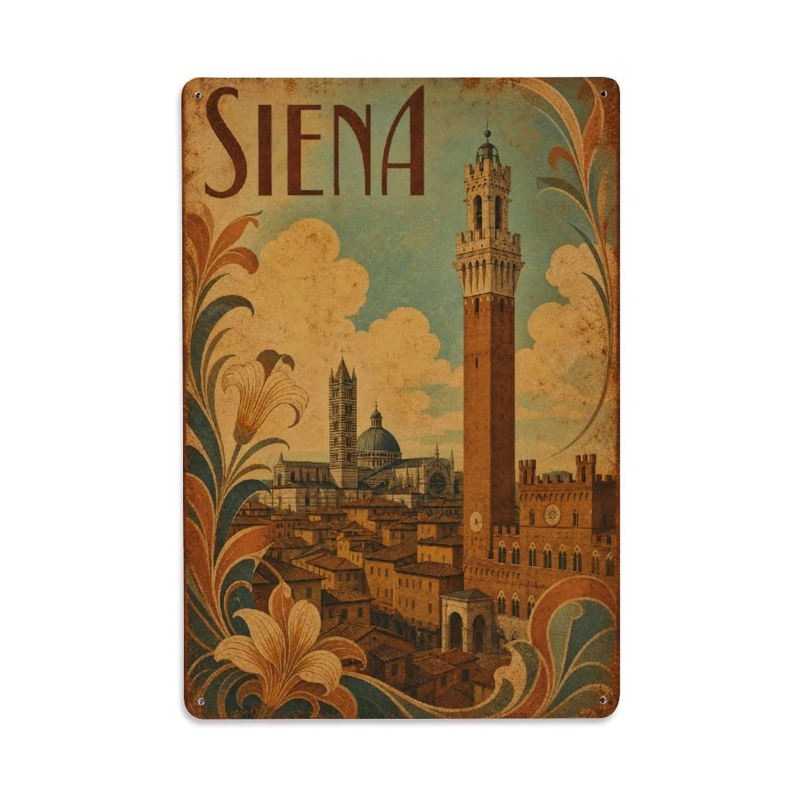 Huiyhb 8X12inch(20X30cm) Vintage Travel Siena Tower View Medieval Skyline Italy Metal Tin Sign