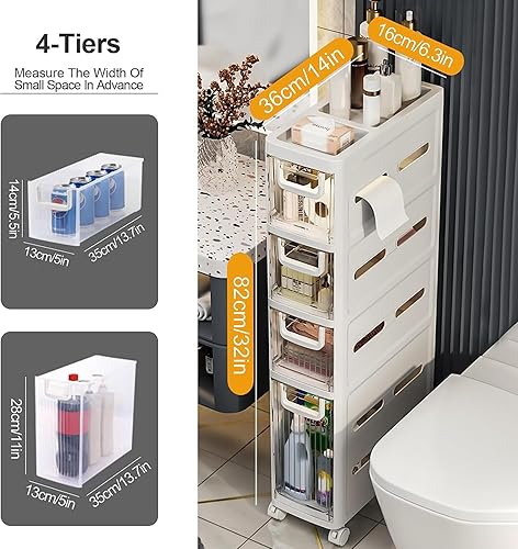 Miniatura 7 de Organizador de papel higiénico para gabinete de baño, gabinete de almacenamiento de papel higiénico delgado con cajones transparentes, unidad