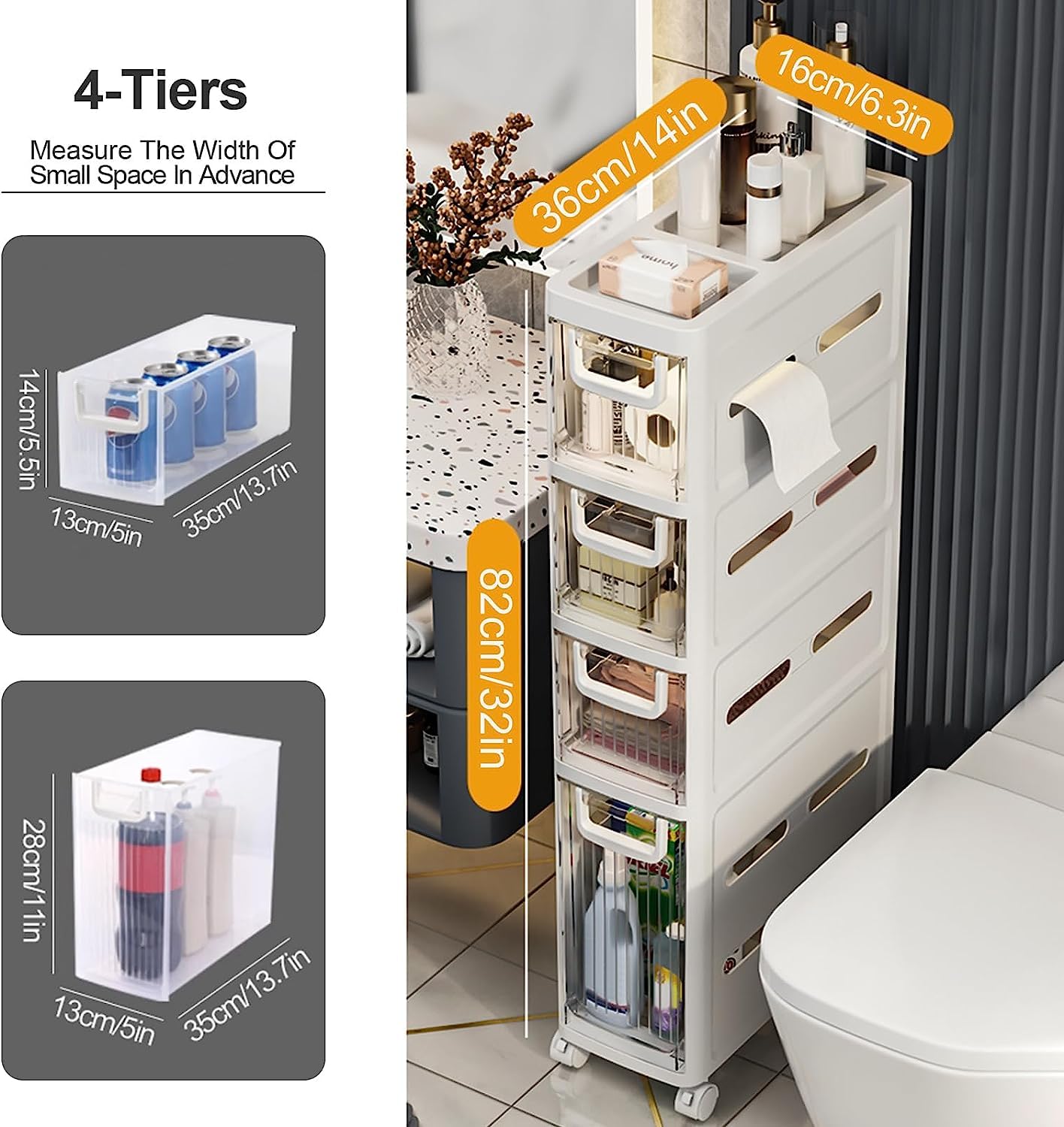Mueble de baño de 2, 3 o 4 niveles, organizador de armario pequeño, estante para grietas de inodoro con ruedas, estantería móvil para espacios pequeños (4 niveles)