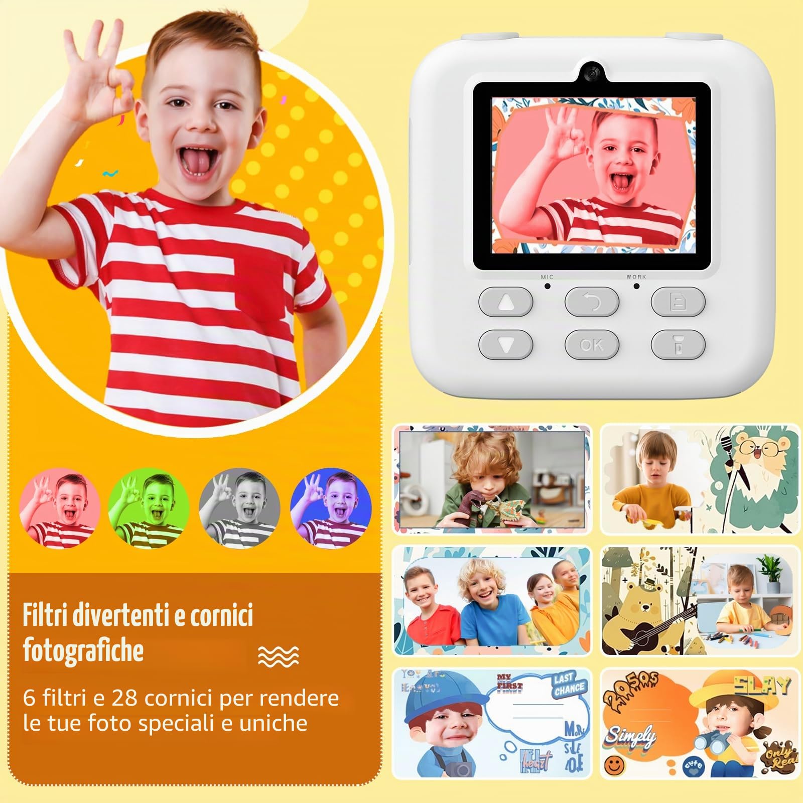 Macchina Fotografica Istantanea Bambini, 20MP/1080P HD Fotocamera Istantanea Bambini Digitale con 32GB Scheda SD e 3 Rotoli di Carta da Stampa, Regalo per Ragazze Ragazzi da 3-14, Bianco
